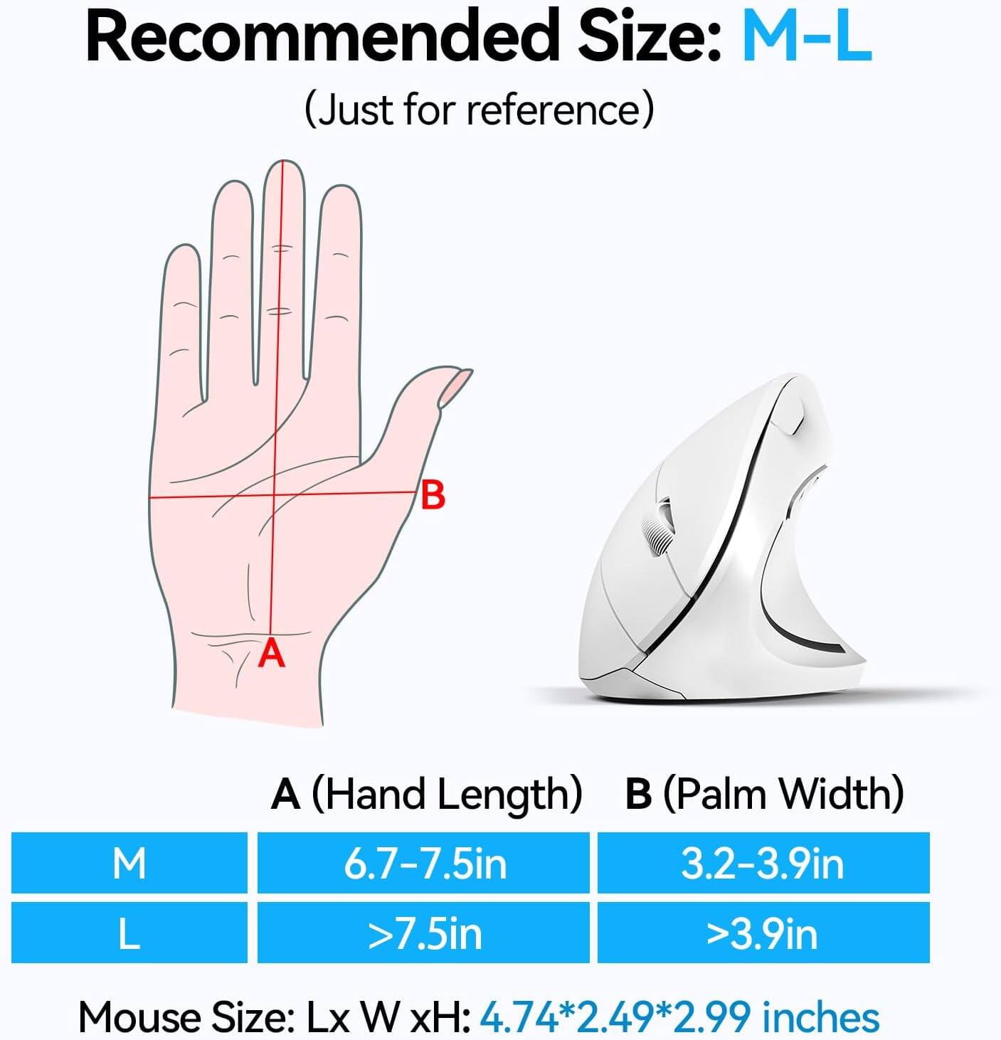 Recommended Size: M-L (Just for reference)

A (Hand Length) 6.7-7.5in >7.5in
B (Palm Width) 3.2-3.9in >3.9in

Mouse Size: Lx W xH: 4.74*2.49*2.99 inches