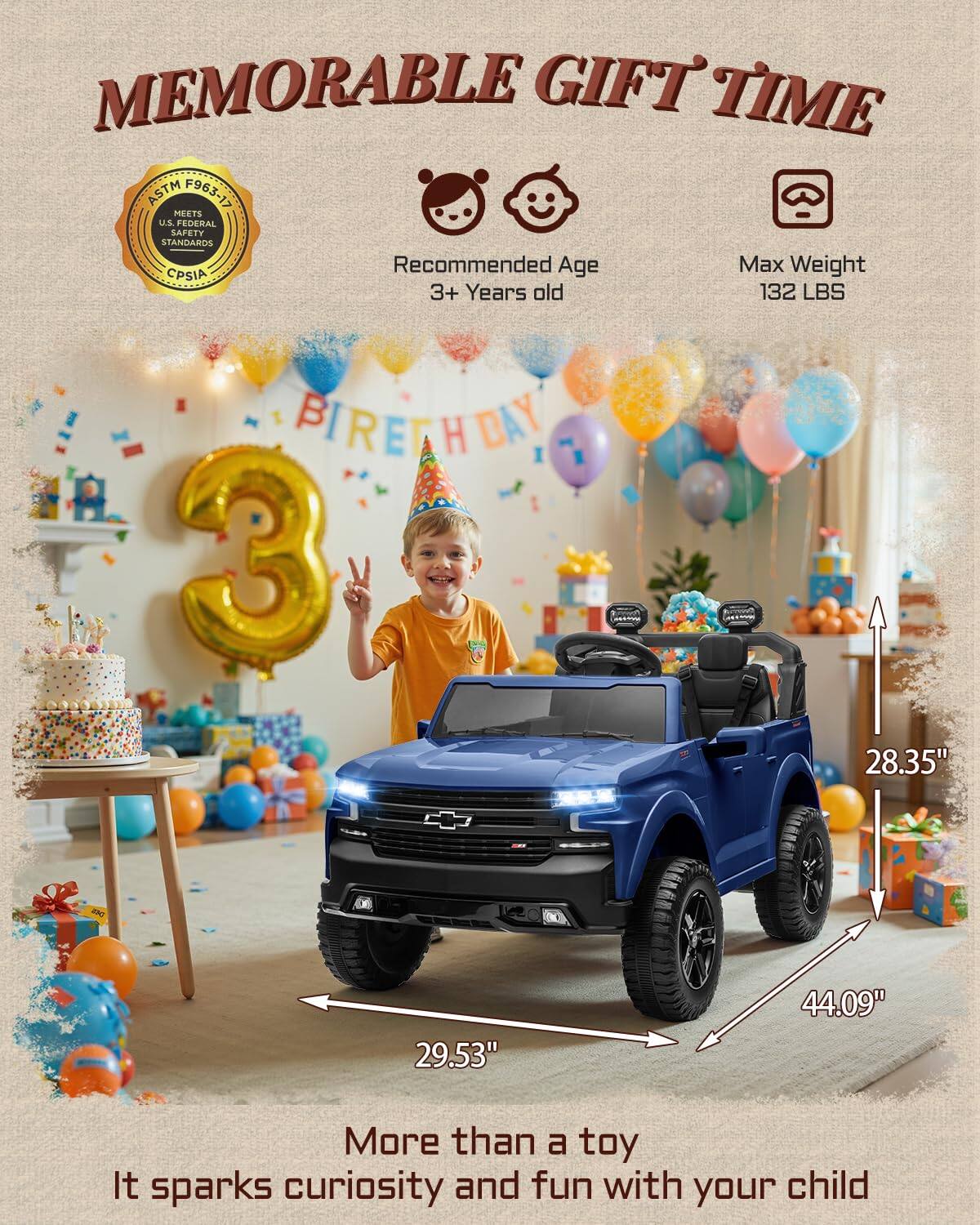 MEMORABLE GIFT TIME ASTM F963-17 MEETS U.S. FEDERAL SAFETY STANDARDS

Recommended Age: 3+ Years old
Max Weight: 132 LBS

More than a toy
It sparks curiosity and fun with your child

Dimensions:
- Length: 44.09"
- Width: 29.53"
- Height: 28.35"