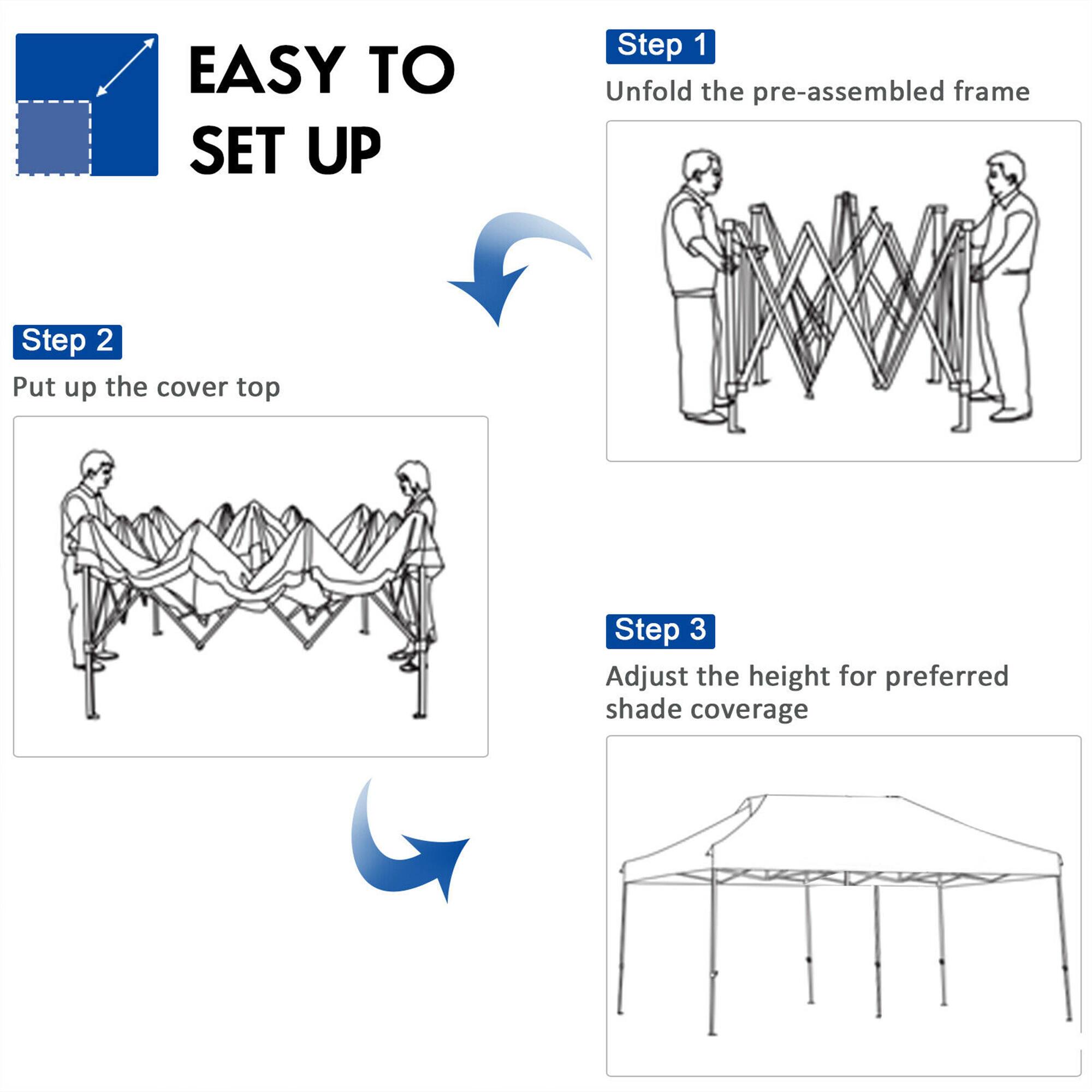 EASY TO SET UP

Step 1: Unfold the pre-assembled frame

Step 2: Put up the cover top

Step 3: Adjust the height for preferred shade coverage