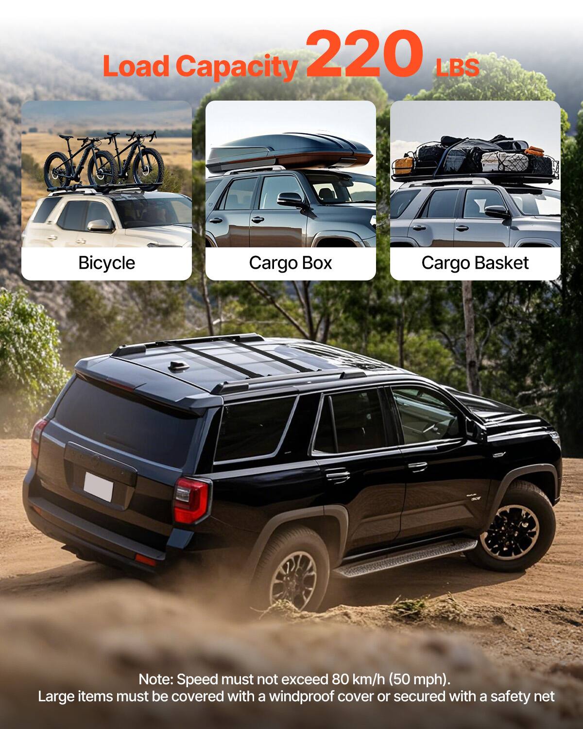 Load Capacity 220 LBS

Bicycle
Cargo Box
Cargo Basket

Note: Speed must not exceed 80 km/h (50 mph). Large items must be covered with a windproof cover or secured with a safety net.