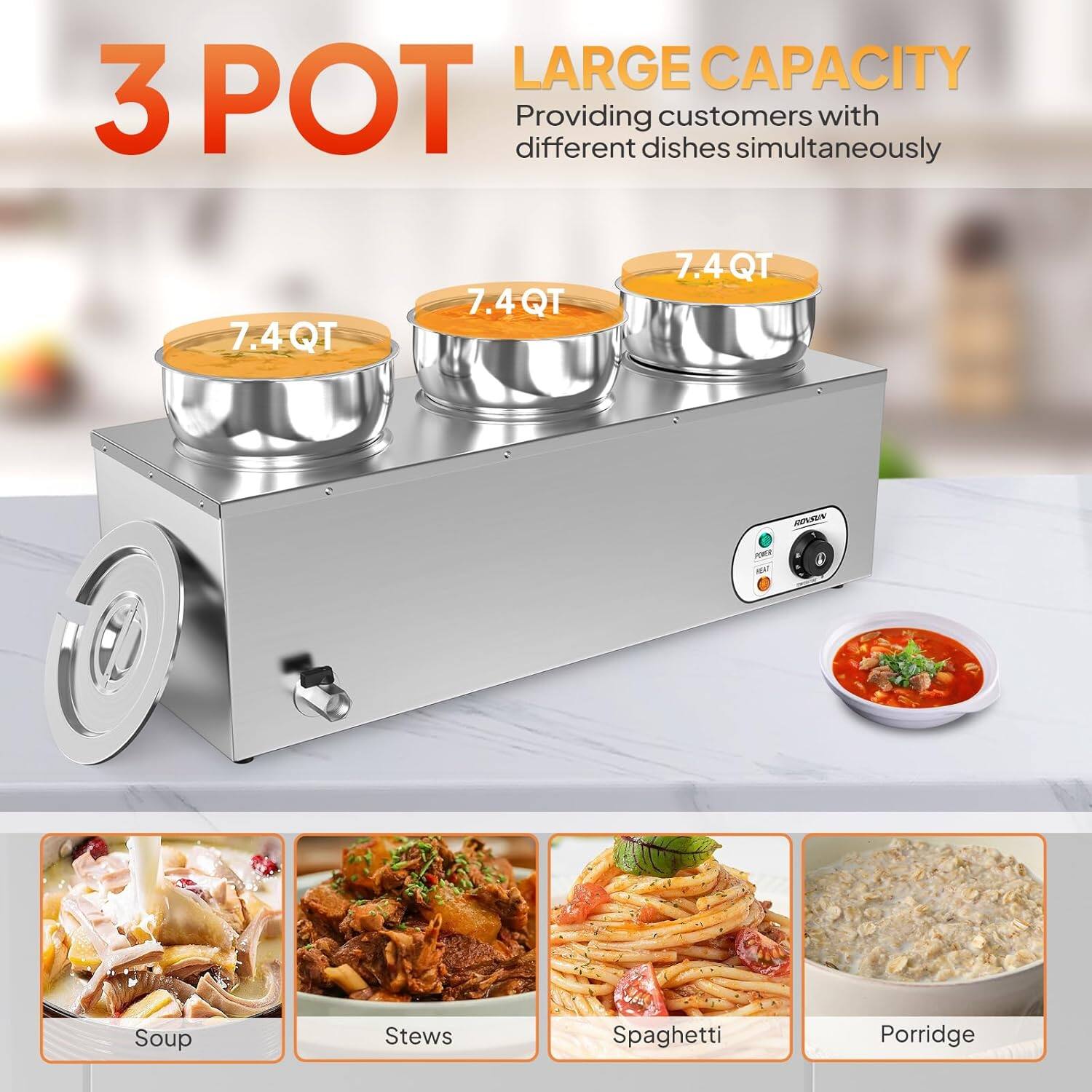 LARGE CAPACITY  
3 POT  
Providing customers with different dishes simultaneously  

7.4QT  
7.4QT  
7.4QT  

Soup  
Stews  
Spaghetti  
Porridge