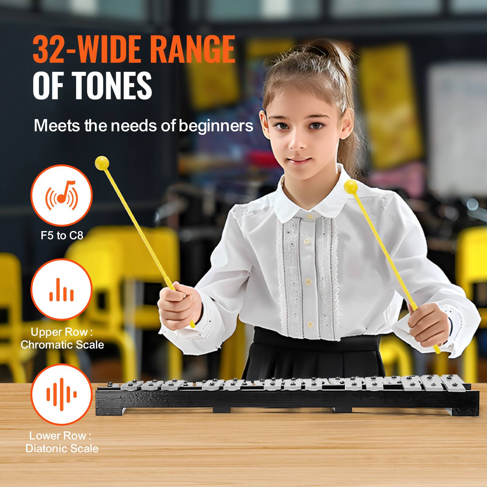 32-WIDE RANGE OF TONES  
Meets the needs of beginners  
F5 to C8  
Upper Row: Chromatic Scale  
Lower Row: Diatonic Scale