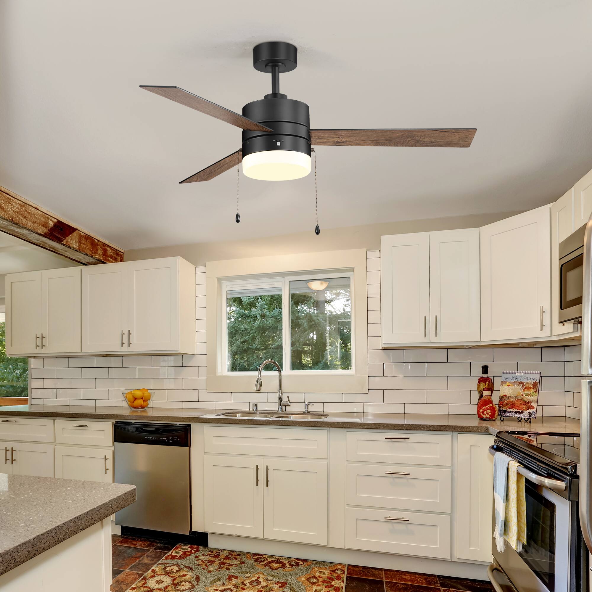 Alt View 2. Breezary - 52" Indoor Large Ceiling Fan with Led Light and Pull Chain, 3 Reversible Blades, 3-Speed AC Motor,  6" Downrod - Matte Black.