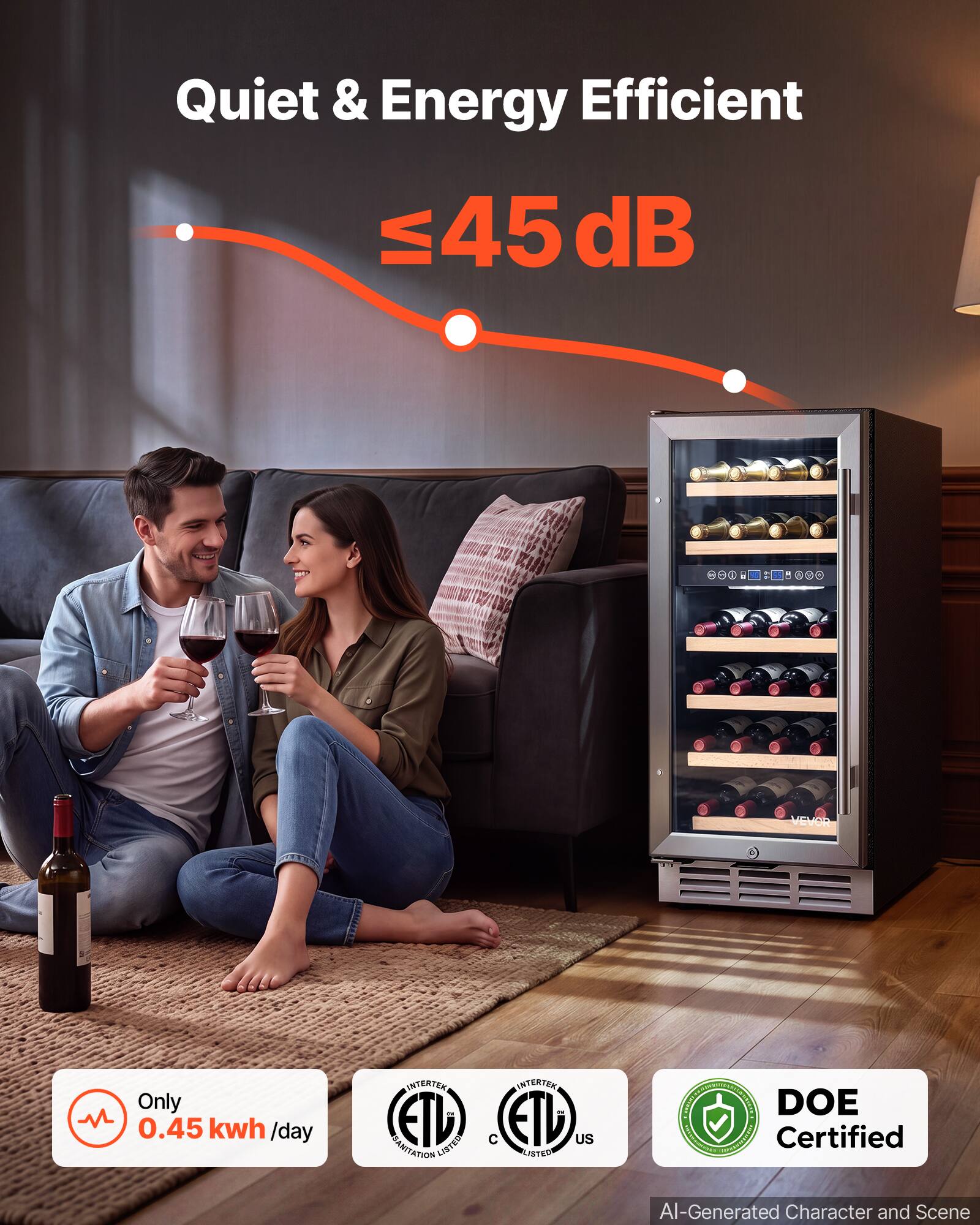 Quiet & Energy Efficient  
≤45 dB  

Only 0.45 kwh/day  

INTERTEK ETL LISTED SANITATION  
INTERTEK ETL US LISTED  

DOE Certified  

AI-Generated Character and Scene