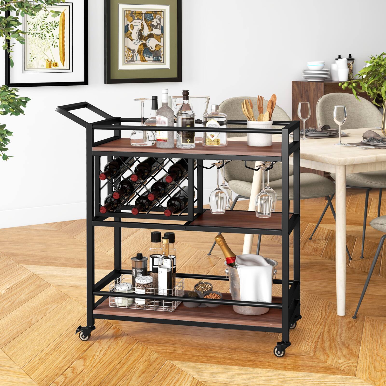 Alt View 8. Ecooso - 3-Tier Bar Cart on Wheels Home Serving Cart with Wine Rack and Glass Holder - Brown.