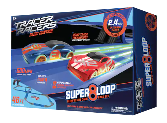Sure, here is the corrected and grouped text from the image:
---
**6+**
**TRACER RACERS**
RADIO CONTROL
**PERFORMANCE SERIES**
2.4 GHz EXTENDED RANGE
**LIGHT-TRACE TECHNOLOGY**
LEAVES GLOW STREAKS
**500MPH**
BLAZING SCALE SPEED
**46 FT.**
OF GLOW TRACK
**SUPER 8 LOOP**
RACE SET
**GLOW IN THE DARK**
**REPLACEABLE**
LITHIUM-POLYMER BATTERIES
**INCLUDES**
2 CARS AND CONTROLLERS
**USB CHARGING CORD**
**WARNING:**
CHOKING HAZARD - Small parts. Not for children under 3 years.
---
This text is organized to reflect the information on the packaging of the Tracer Racers Super 8 Loop Race Set.