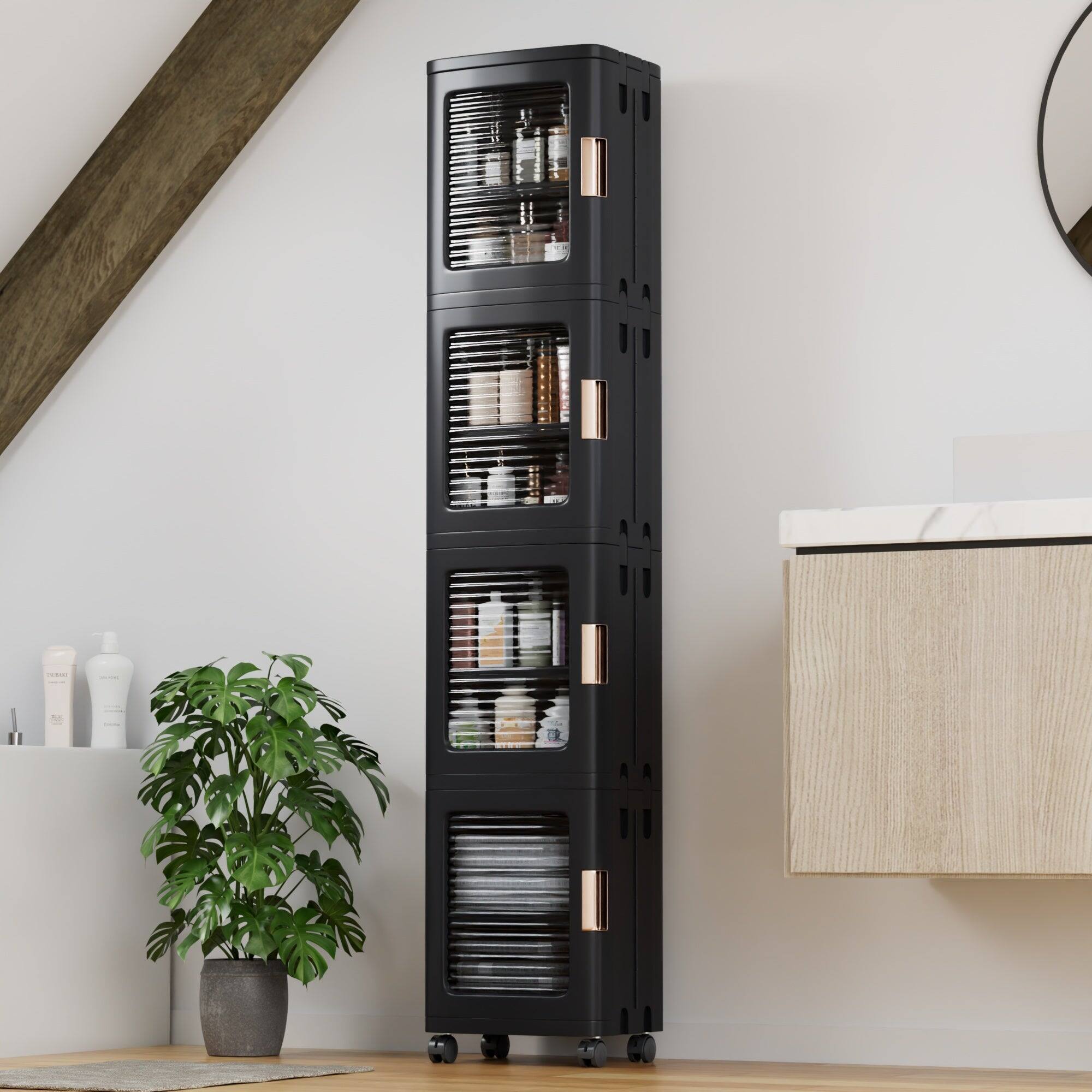 Alt View 2. Vecelo - Narrow Bathroom Floor Storage Cabinet, Bathroom Storage Cabinet, Freestanding Bathroom Cabinet, Foldable Storage Unit - Black.