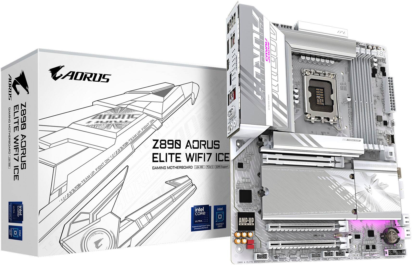 AORUS DHIMAD ELITE Z890 MOTHERBOARD WIFI7 AORUS LLGAJ05 ICE AORUS AND TEAM Z890 ADRUS ON:05 ON: ELITE WIFI7 ICE FIGHT GAMING MOTHERBOARD E 1051 PCle S DORS Support UP TEAM UP TL AURDA AURS 8ARY IPL CHT 3.8 0 cone intel intel intel CORE ULTRA intel CHIPSET 2aVO AHITU C AMP-UP AUDIU TEAM PELEXA P 3000 LED Dw ABOB ZO00 & ELETE WIFTT ICE SCE LER Un AORUS.