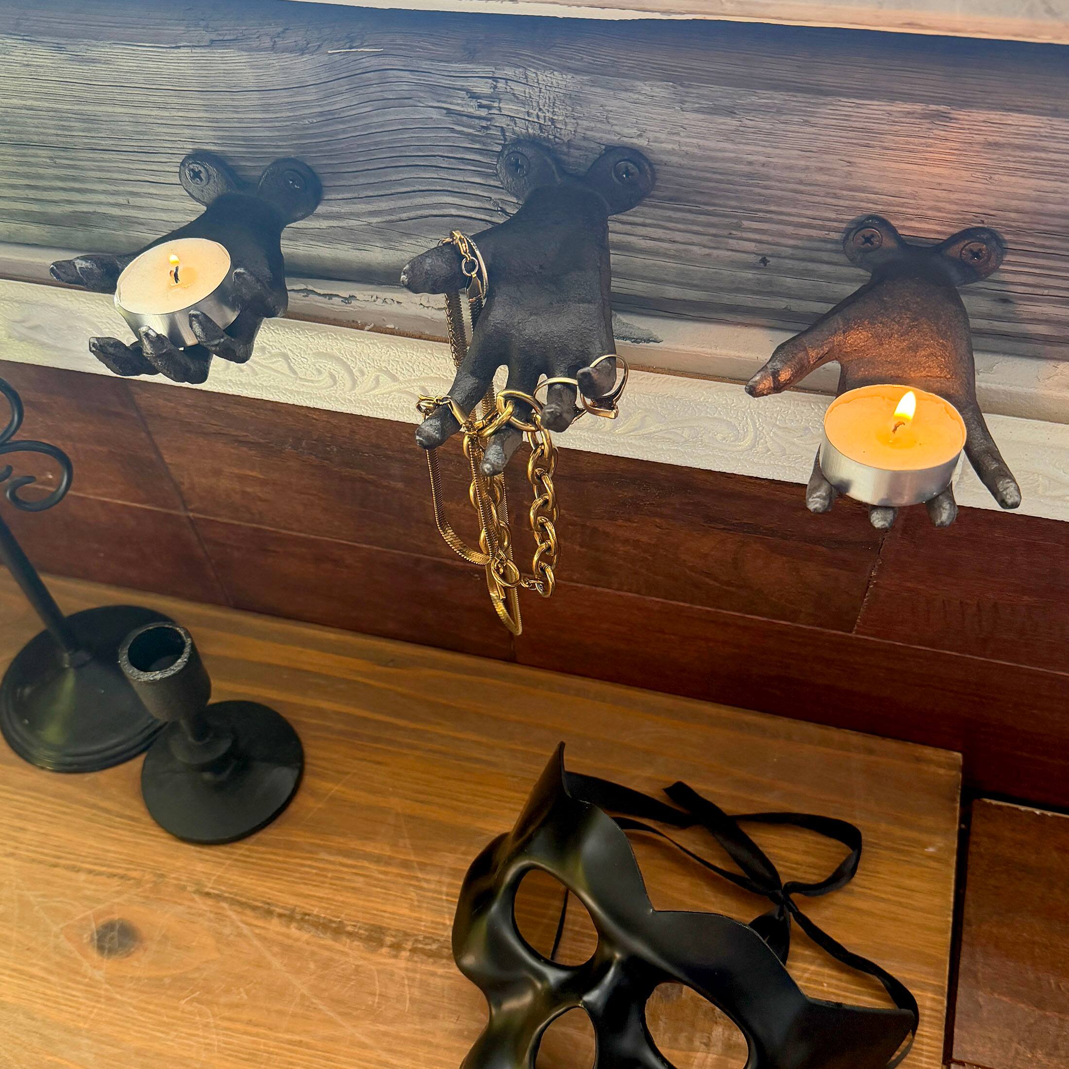 Alt View 4. Zeckos - Set of 3 Cast Iron Creepy Hand Wall Hooks Gothic Decor Distressed Black - Black.