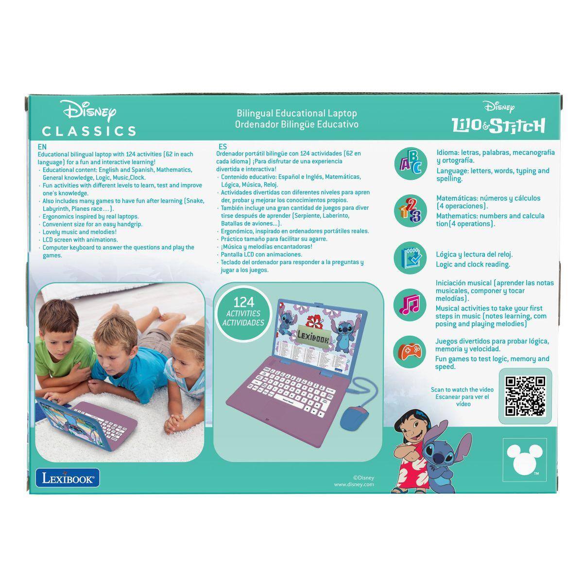 Disney CLASSICS Bilingual Educational Laptop  
Ordenador Bilingüe Educativo Disney LiO STITCH  

Educational bilingual laptop with 124 activities (62 in each language) for fun and interactive learning!  
Contenido educativo: Español, Inglés, Matemáticas, Lógica, Música, Reloj.  

Educational content: English and Spanish, Mathematics, General knowledge, Logic, Music, Clock.  
Contenido educativo: Español, Inglés, Matemáticas, Lógica, Música, Reloj.  

Fun activities with different levels to learn, test and improve one's knowledge.  
Actividades divertidas con diferentes niveles para aprender y mejorar conocimientos.  

Games to have fun after learning (Snake, Labyrinth, Planes, etc.).  
Juegos para divertirse después de aprender (Serpiente, Laberinto, Batallas de aviones, etc.).  

Ergonomics inspired by real laptops.  
Ergonómico, inspirado en ordenadores portátiles reales.  

Convenient size for an easy handgrip.  
Práctico tamaño para facilitar agarre.  

Lovely music and melodies!  
M