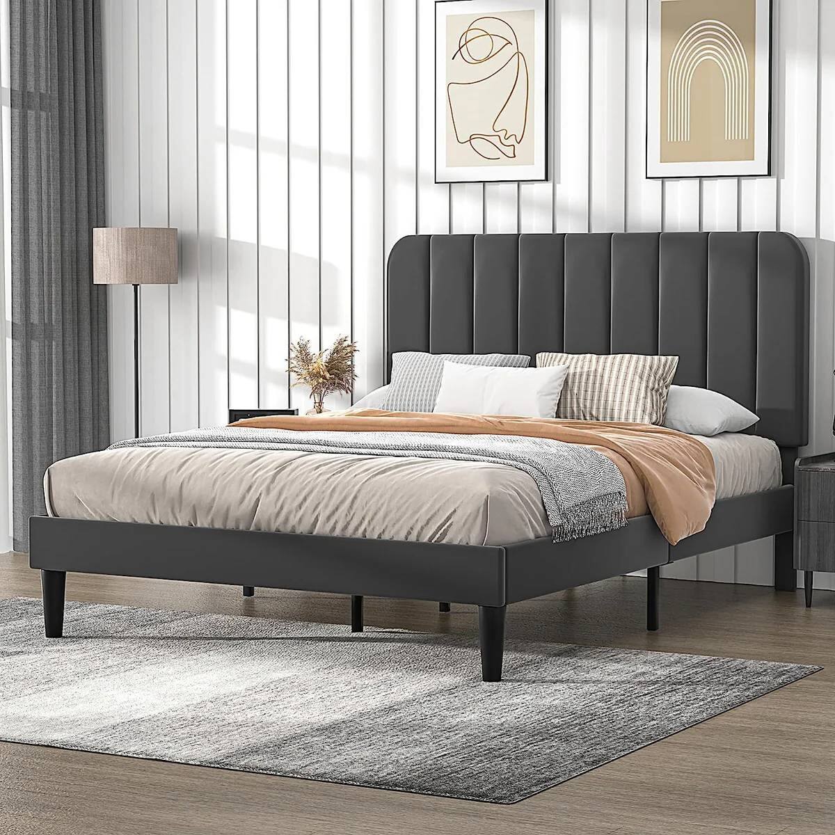 Angle. SlickBlue - Platform Bed Frame with Upholstered Headboard and Wood Slat Support - Dark Grey.