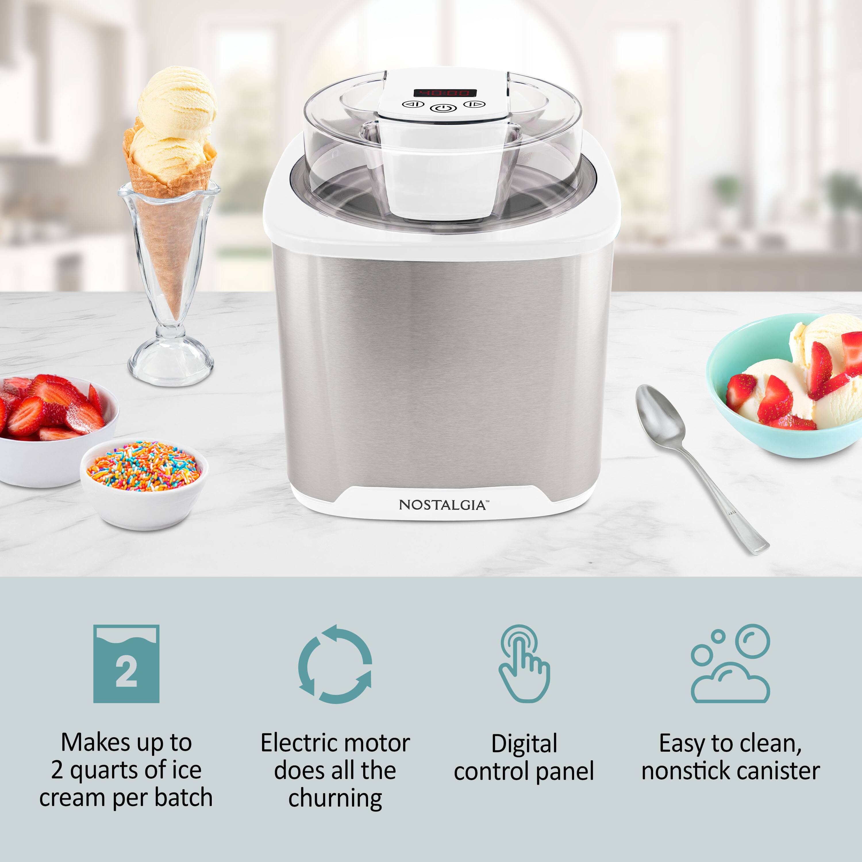 NOSTALGIA 2  
Makes up to 2 quarts of ice cream per batch  
Electric motor does all the churning  
Digital control panel  
Easy to clean, nonstick canister