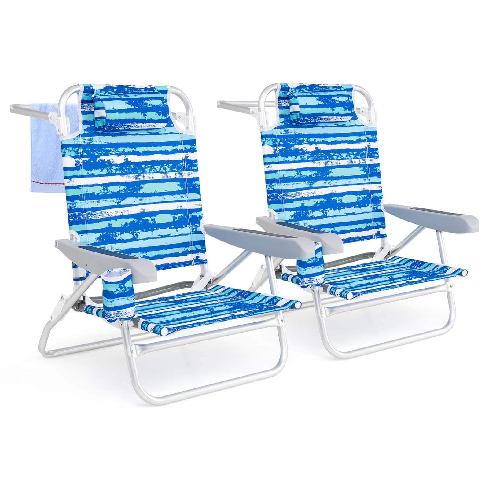 Costway - 2 Pack Folding Beach Chair Lightweight Lay Flat Lounge Chair with Head Pillow - Blue