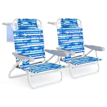 Front. Costway - Costway 2 Pack Folding Beach Chair Lightweight Lay Flat Lounge Chair with Head Pillow - Blue.