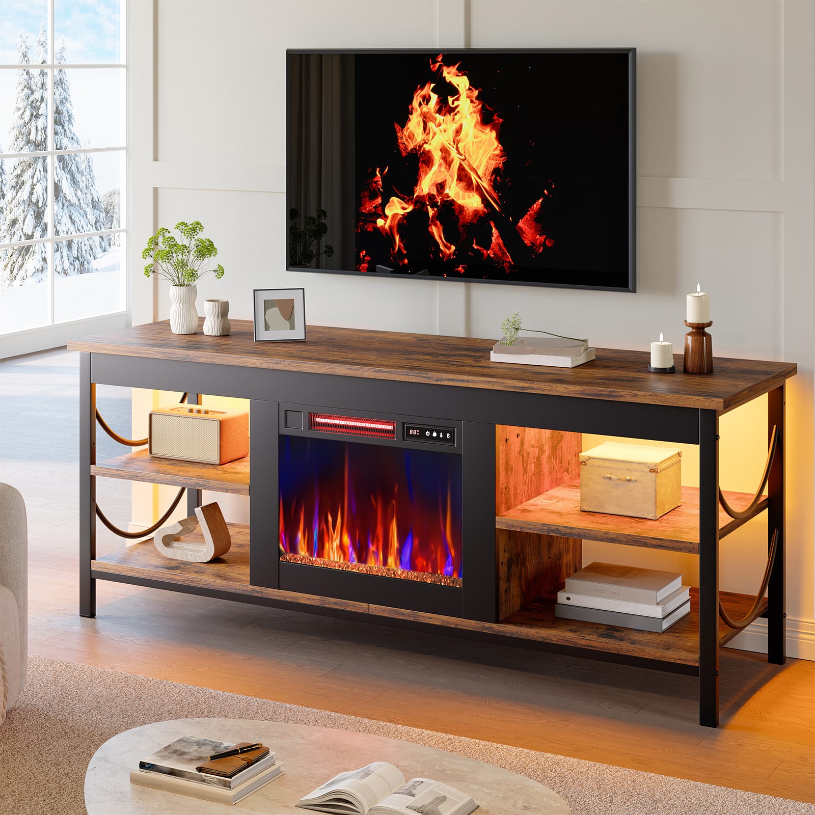 Front. Pinmoco - Pinmoco - Electric Fireplace TV Stand Fit for TVs up to 65 Inch Gaming Entertainment Center with Open Storage Shelves - Rustic Brown.