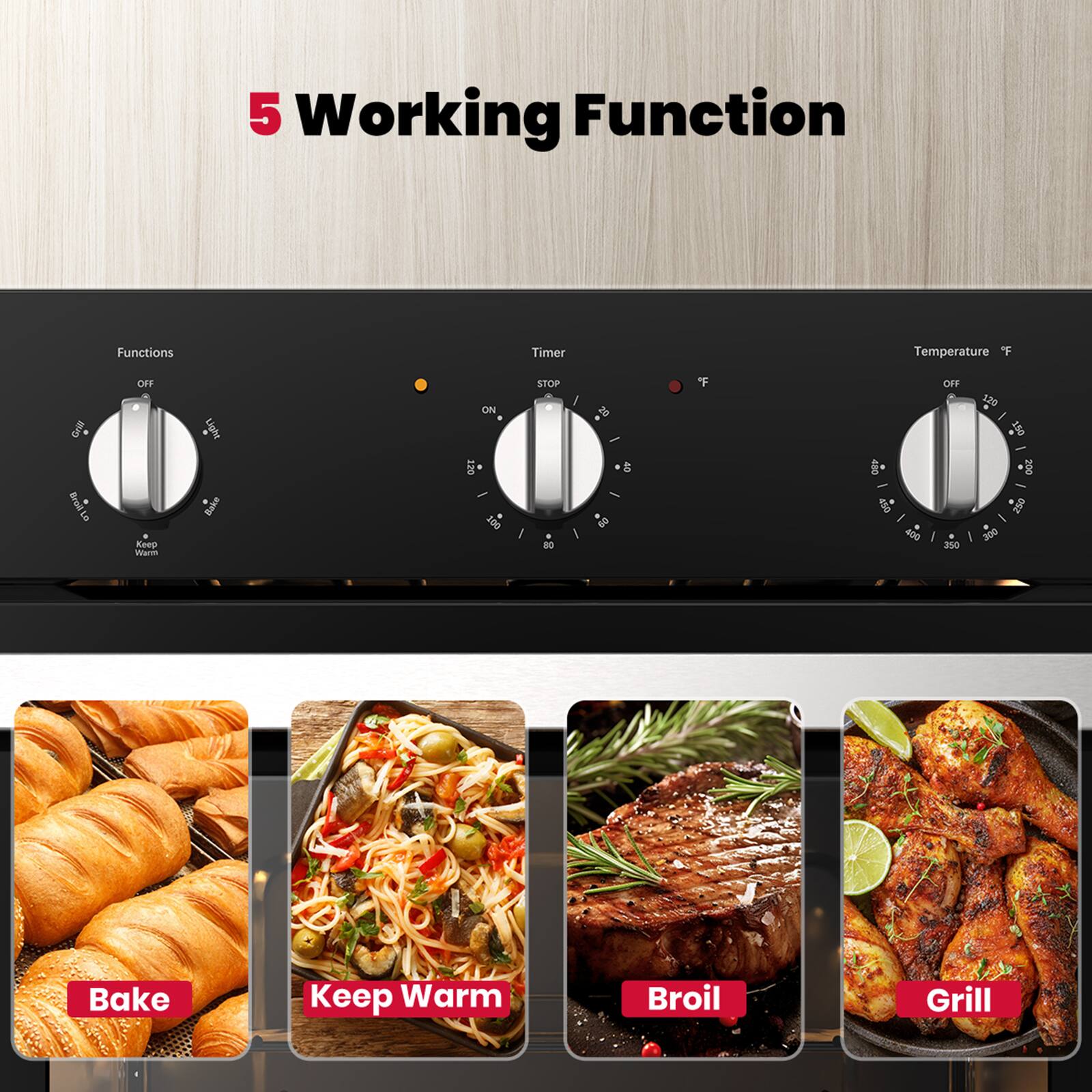 5 Working Functions

- Bake
- Keep Warm
- Broil
- Grill

Timer: 0-60 minutes

Temperature: 150°F - 500°F