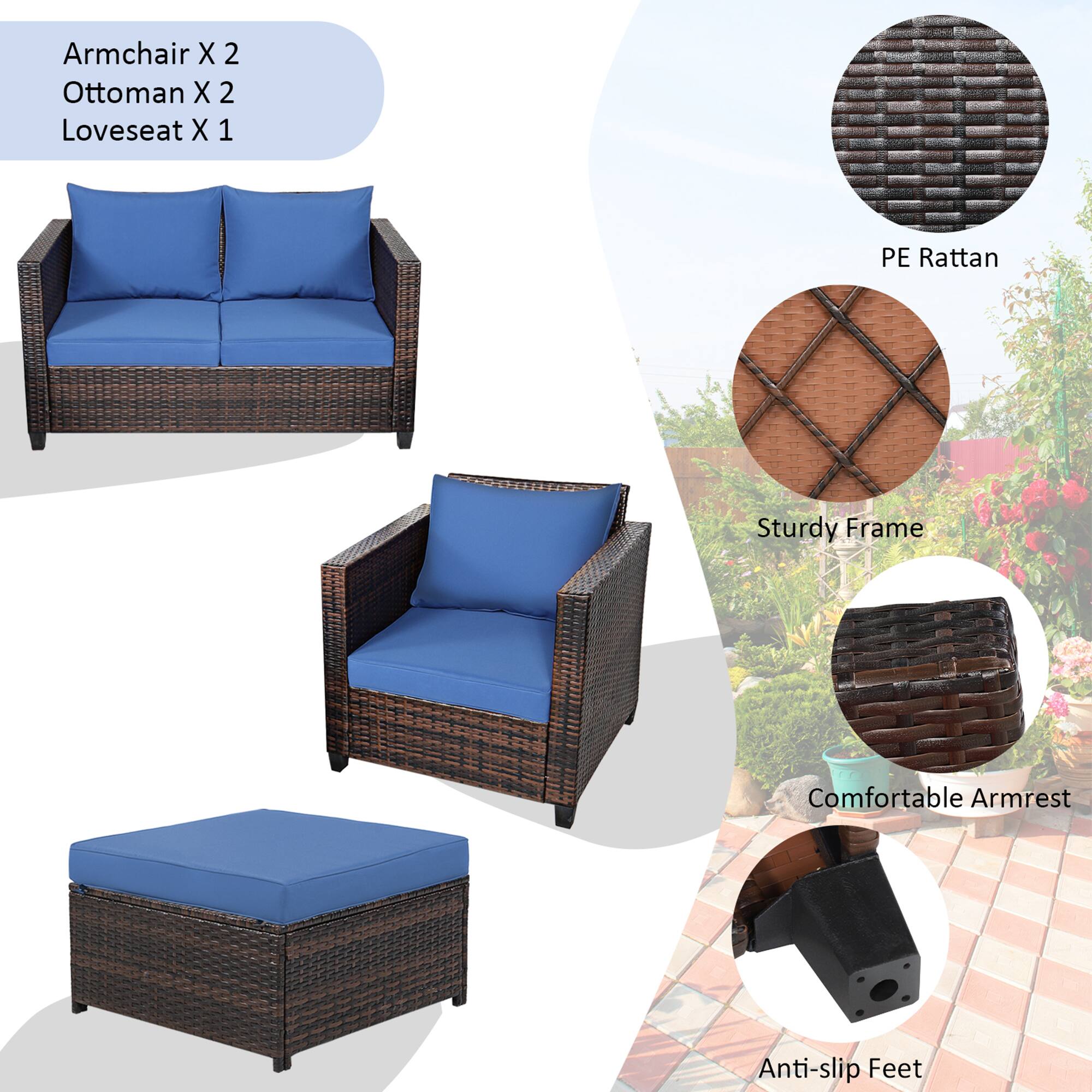 Armchair X 2  
Ottoman X 2  
Loveseat X 1  

PE Rattan  
Sturdy Frame  
Comfortable Armrest  
Anti-slip Feet