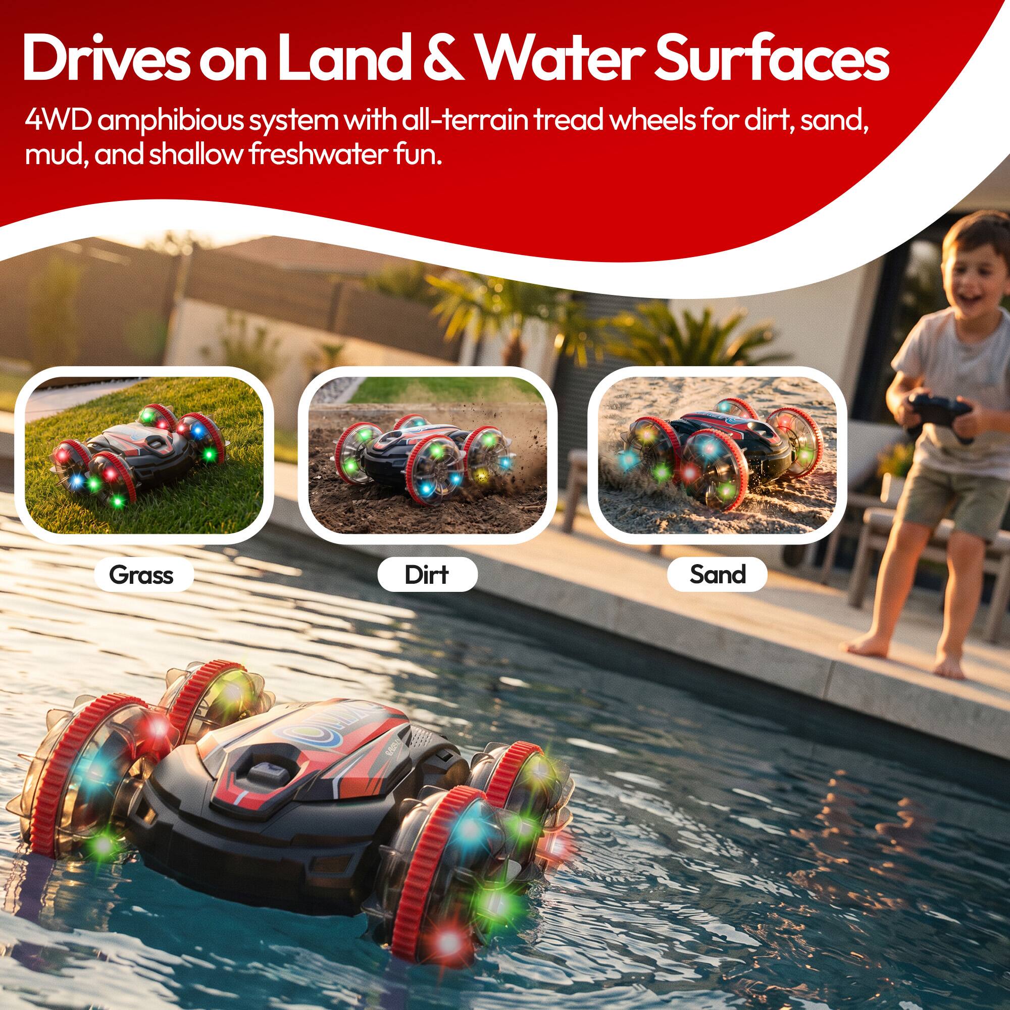 Drives on Land & Water Surfaces  
4WD amphibious system with all-terrain tread wheels for dirt, sand, mud, and shallow freshwater fun.  
Grass  
Dirt  
Sand