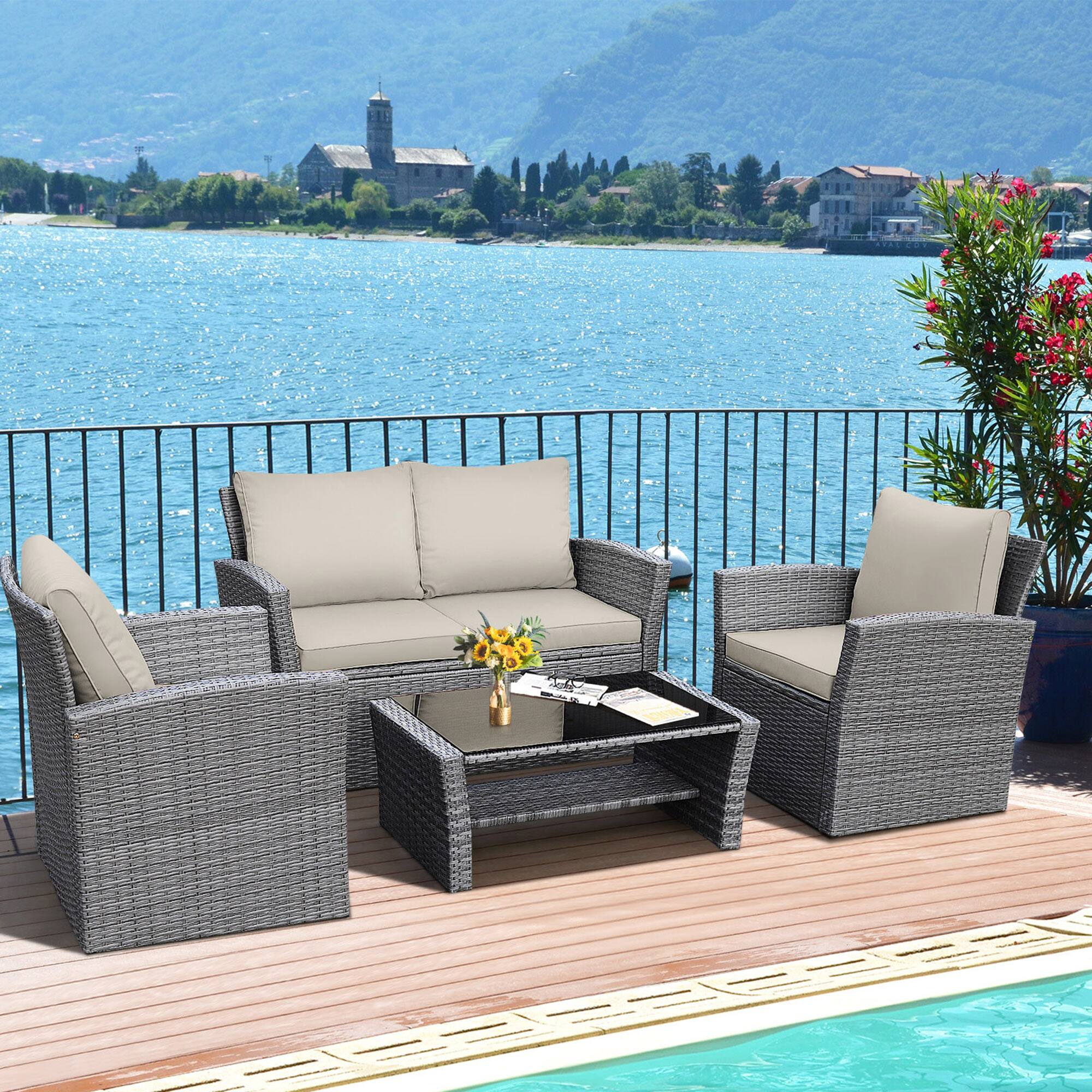 Alt View 9. Gymax - Gymax 4PCS Patio Rattan Conversation Set Outdoor Furniture Set w/ Khaki Cushions - Khaki.