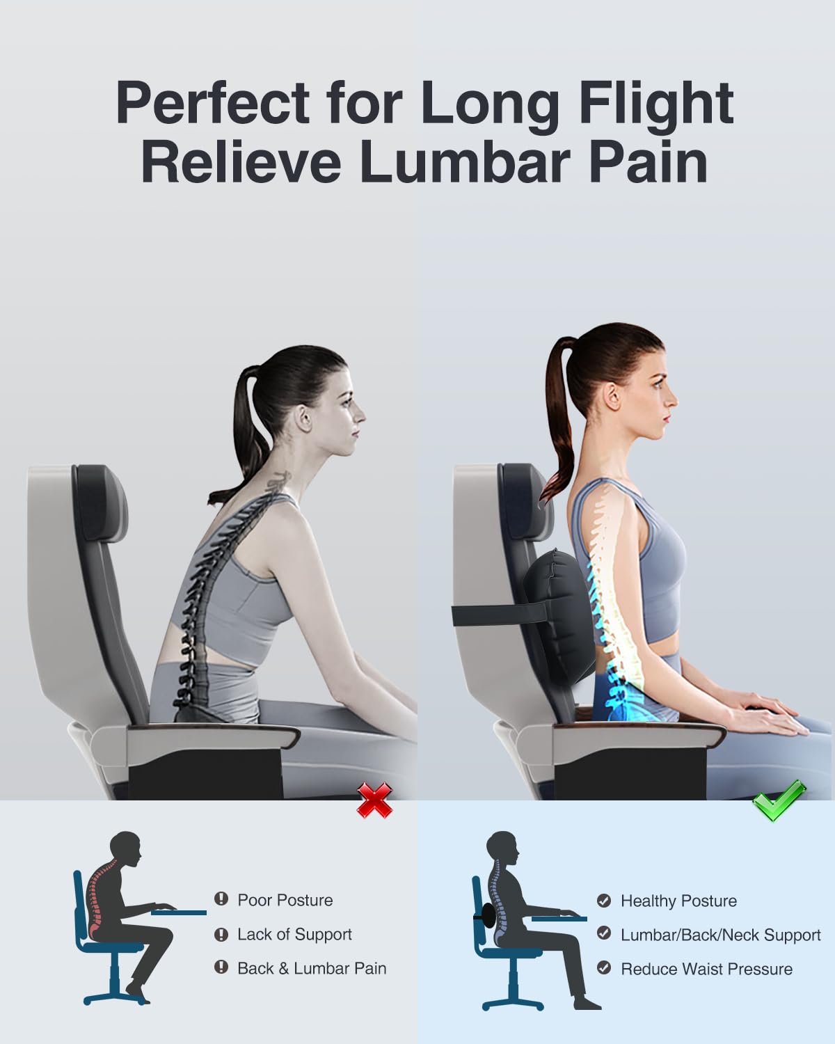 Perfect for Long Flight Relieve Lumbar Pain

- Poor Posture
- Lack of Support
- Back & Lumbar Pain

- Healthy Posture
- Lumbar/Back/Neck Support
- Reduce Waist Pressure