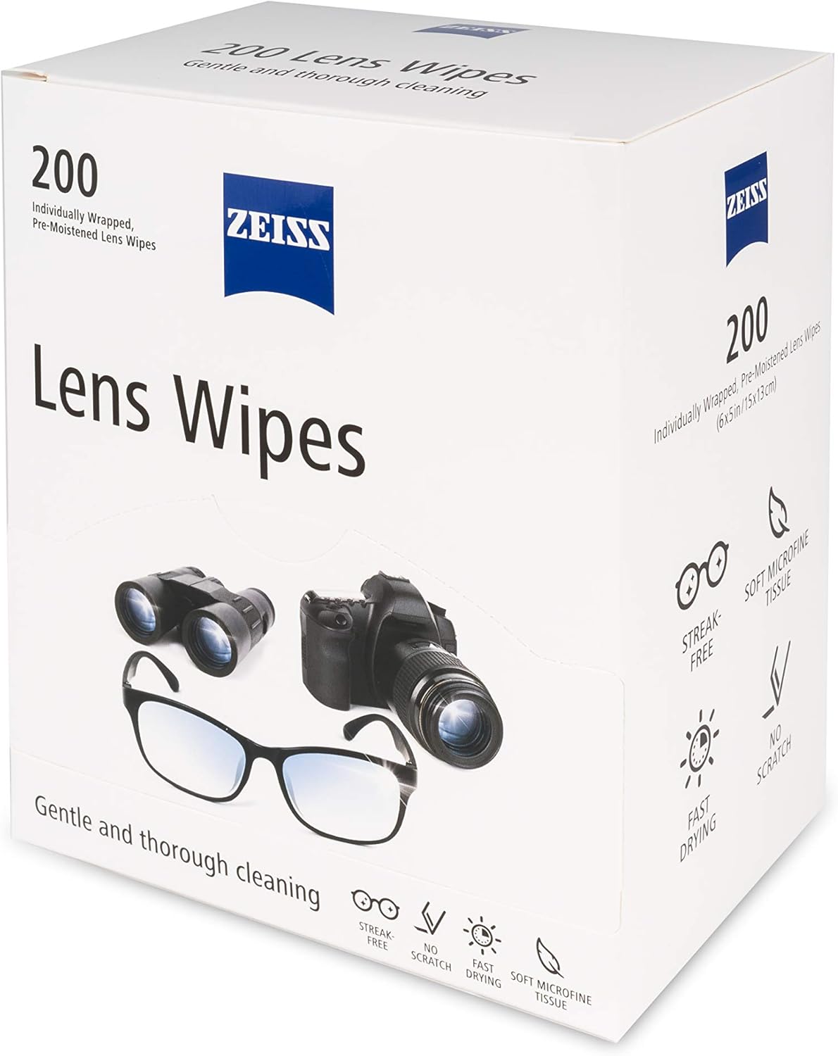 200 Lens Wipes  
Individually Wrapped, Pre-Moistened Lens Wipes  

Gentle and thorough cleaning  

- Streak-Free  
- No Scratch  
- Fast Drying  
- Soft Microfine Tissue  

200 Individually Wrapped, Pre-Moistened Lens Wipes (6x5 in / 15x13 cm)  

ZEISS