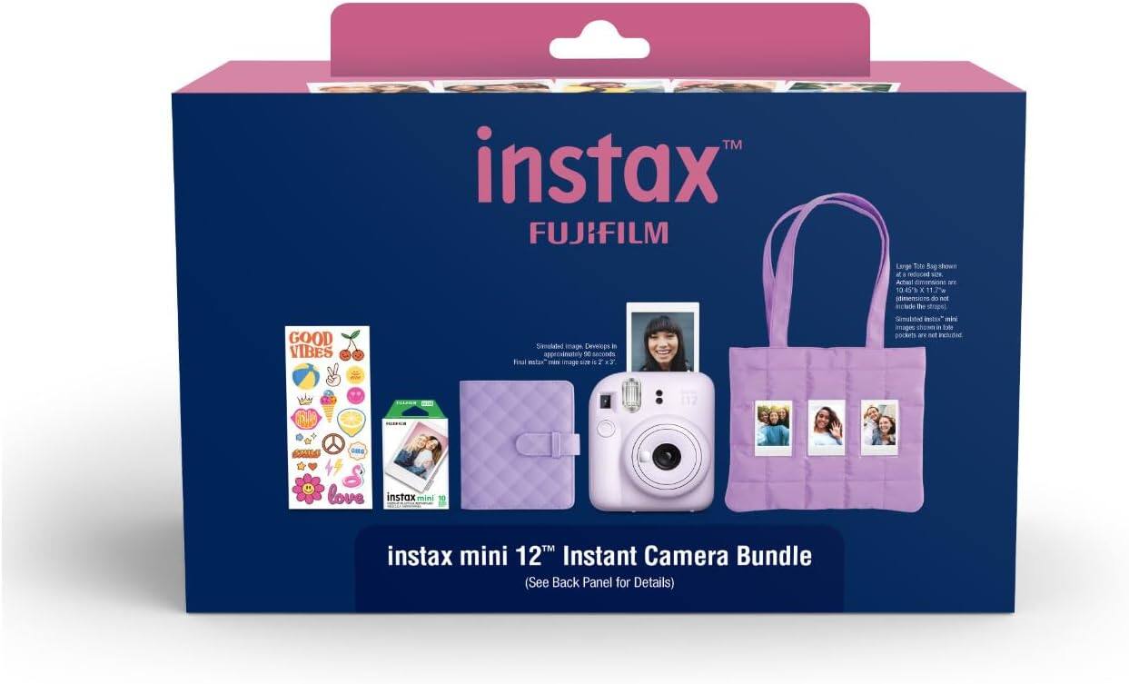 instax™ FUJIFILM GOOD VIBES  
Simulated image Develops in approximately 90 seconds  
Large Tote Bag shown at a reduced size. Actual dimensions are 10.45" H x 11.7" W (not including the straps).  
Simulated Instax mini images shown in tote pockets are not included.  
instax mini 10  
instax mini 12™ Instant Camera Bundle  
(See Back Panel for Details)
