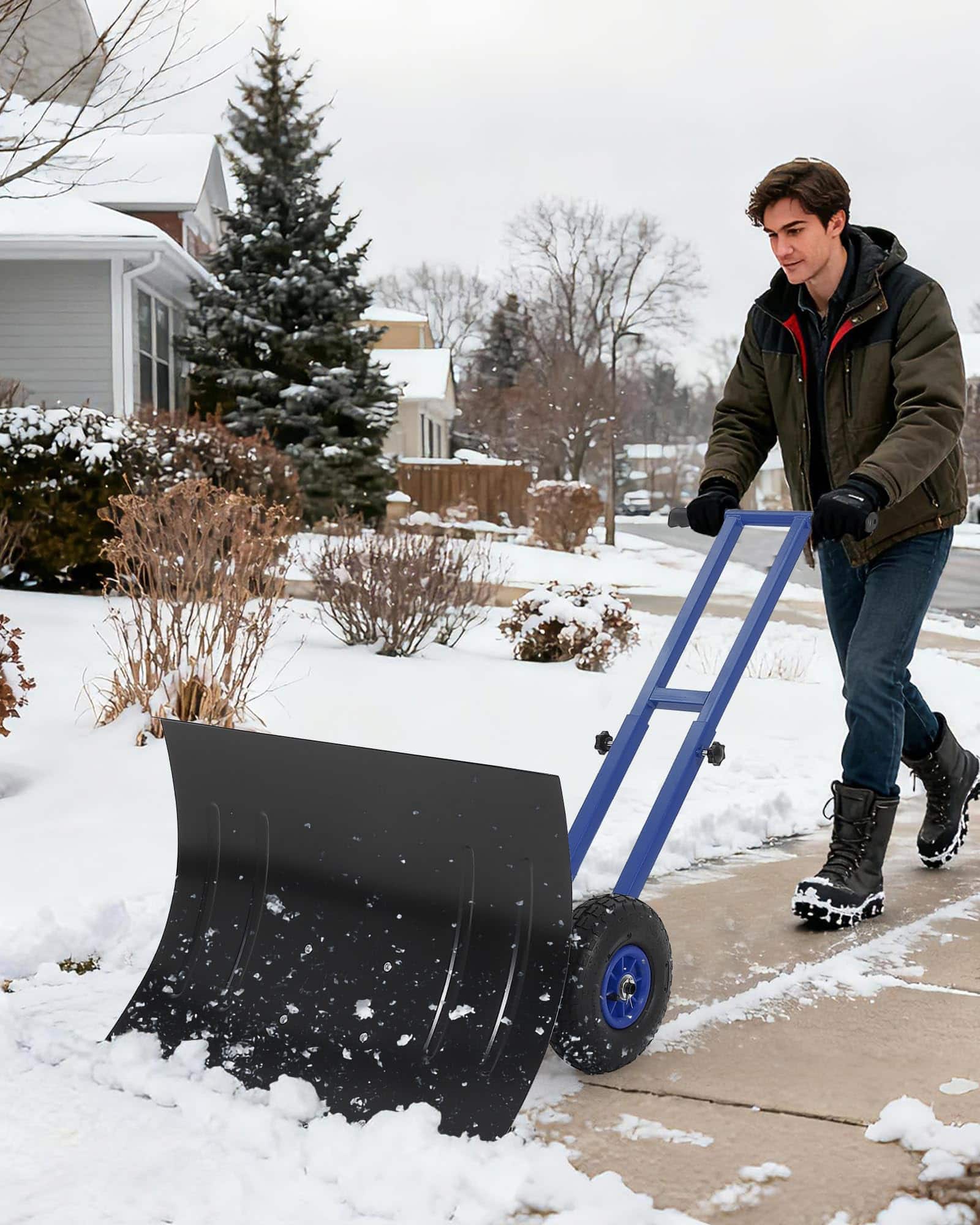 Babevy - Snow Shovel with Wheels, Adjustable Handle & Angled Blade, Double Rod Push Snow Plow for Driveway(29.1W x 19.8H) - Black&Blue