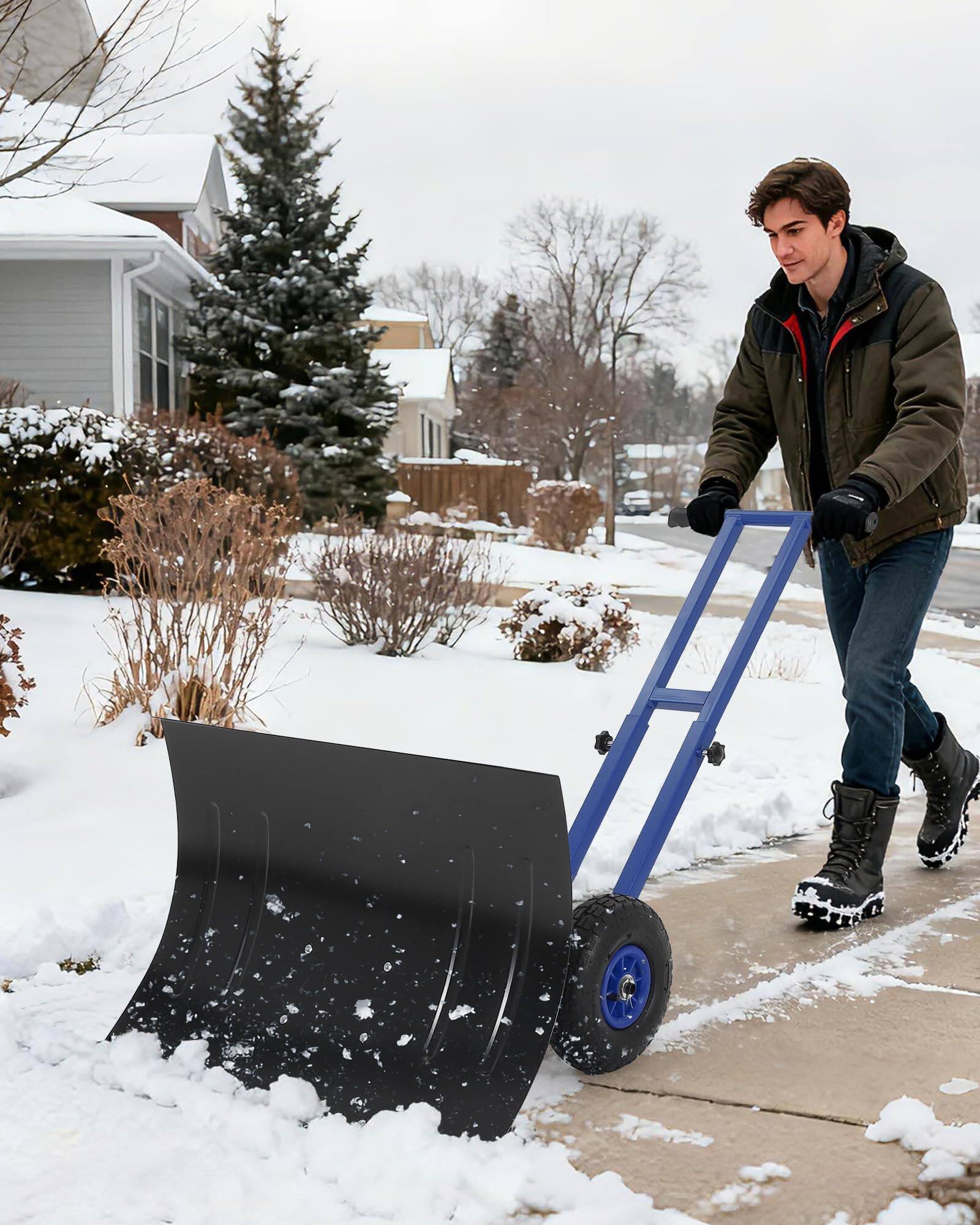 Front. Babevy - Snow Shovel with Wheels, Adjustable Handle & Angled Blade, Double Rod Push Snow Plow for Driveway(29.1W x 19.8H) - Black&Blue.