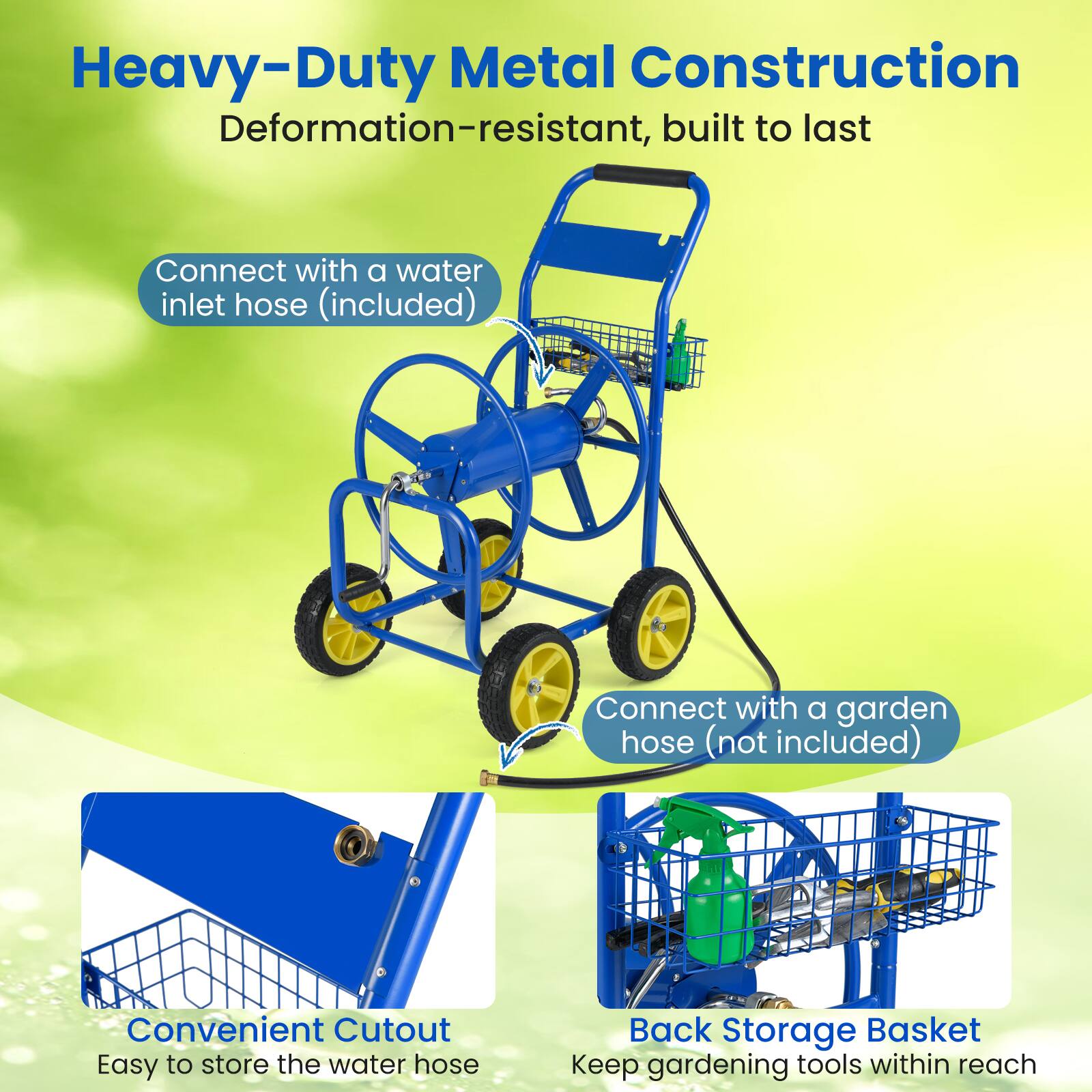 Heavy-Duty Metal Construction  
Deformation-resistant, built to last  

Connect with a water inlet hose (included)  

Connect with a garden hose (not included)  

Convenient Cutout  
Easy to store the water hose  

Back Storage Basket  
Keep gardening tools within reach