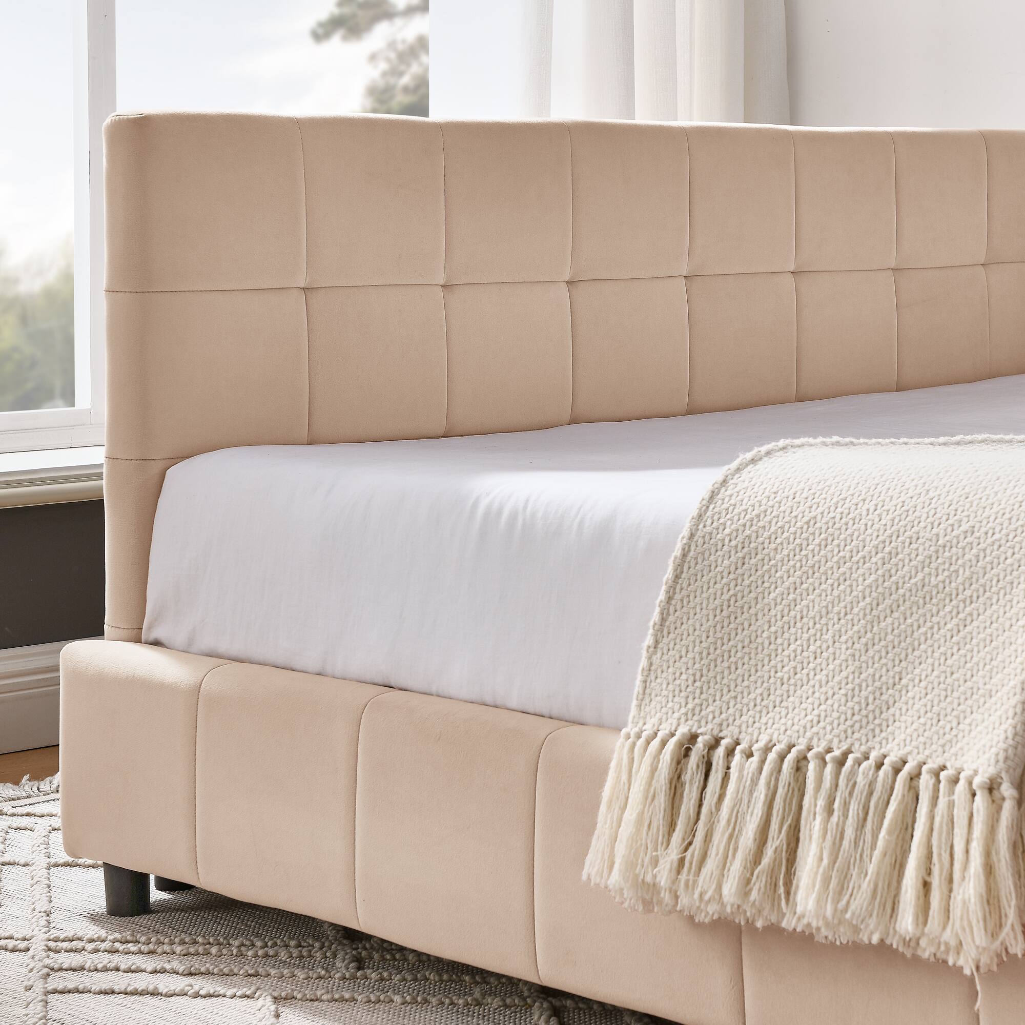 Back. Anysun - Full Velvet Tufted Sofa Bed Frame - with Comfortable Backrest & Armrests for Bedroom or Living Room - Pink.