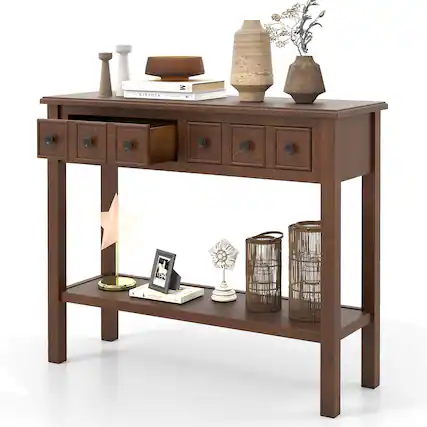 Front. Costway - Costway Console Table 38" Narrow Accent Sofa Table with 2 Drawers & Bottom Storage Shelf - Brown.