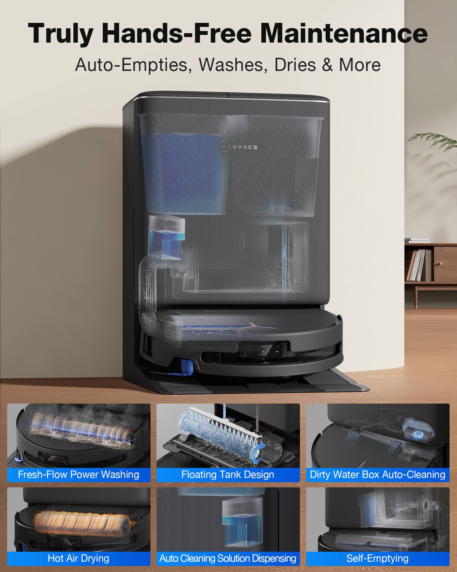 Truly Hands-Free Maintenance  
Auto-Empties, Washes, Dries & More  

ECOVACS COVACS  
Fresh-Flow Power Washing  
Floating Tank Design  
Dirty Water Box Auto-Cleaning  
Hot Air Drying  
Auto Cleaning Solution Dispensing  
Self-Emptying