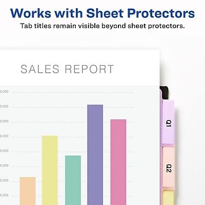 Works with Sheet Protectors  
Tab titles remain visible beyond sheet protectors.

SALES REPORT

Q1 0,000 0,000 0,000  
Q2 0,000 0,000