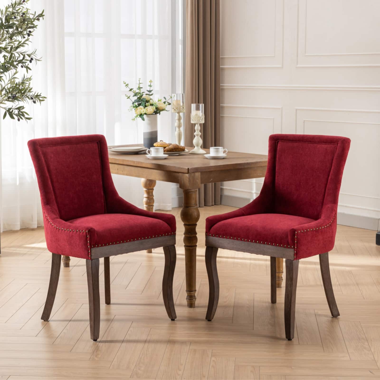 GOODSILO - Ultra Side Dining Chair Set of 2, Thickened Fabric, Solid Wood Legs, Bronze Nail Head - Burgundy