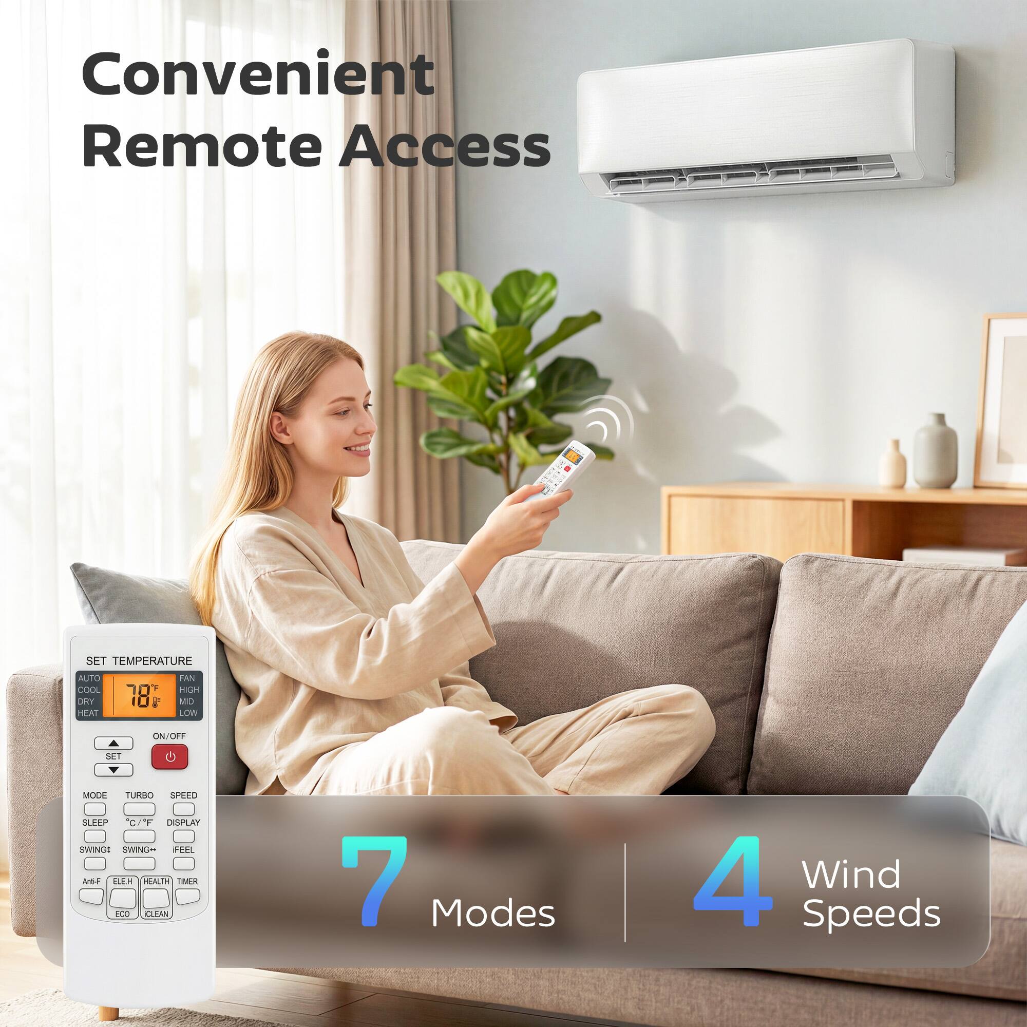 Convenient Remote Access

SET TEMPERATURE  
AUTO COOL HEAT  
18 - 30°F  
FAN HIGH MEDIUM LOW  
ON/OFF  
SET = MODE  
TURBO SPEED  
SLEEP  
C/T DISPLAY  
SWING  
SWING-70R  
NGF  
DEMO  
REALIN  
TIMER  
CLEAN  

7 Modes  
4 Wind Speeds