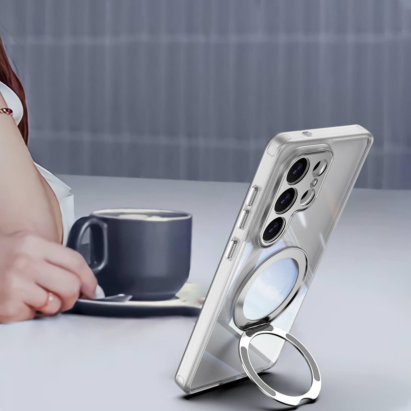 Alt View 2. Dteck - Magnetic Clear Case For Samsung Galaxy S26 Ultra, Shockproof Anti-Scratch 360° Ring Holder Stand PC+TPU Protection Cover - White.