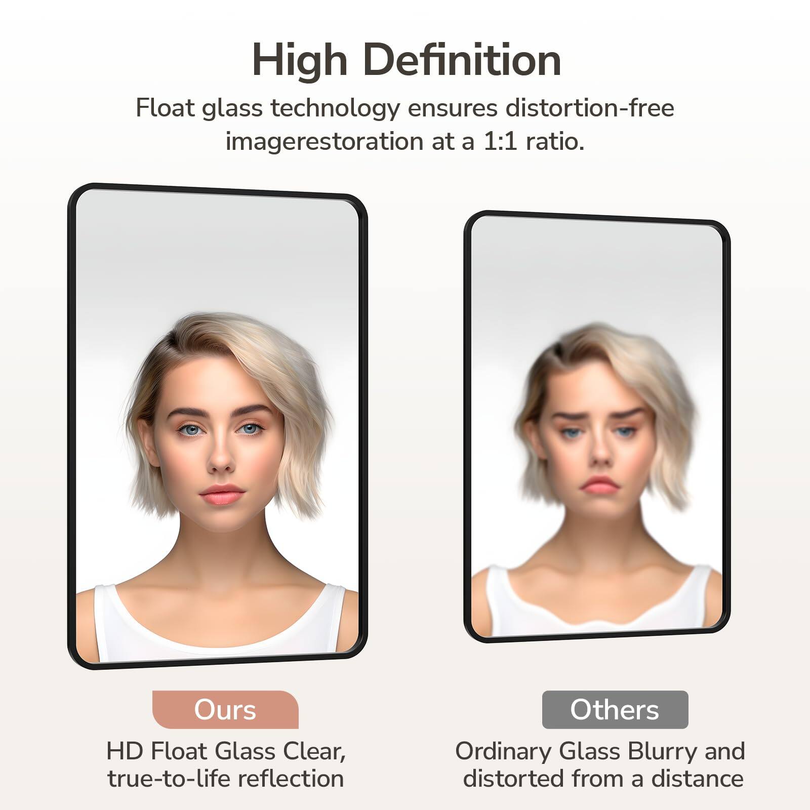 High Definition

Float glass technology ensures distortion-free image restoration at a 1:1 ratio.

Ours
HD Float Glass Clear, true-to-life reflection

Others
Ordinary Glass Blurry and distorted from a distance