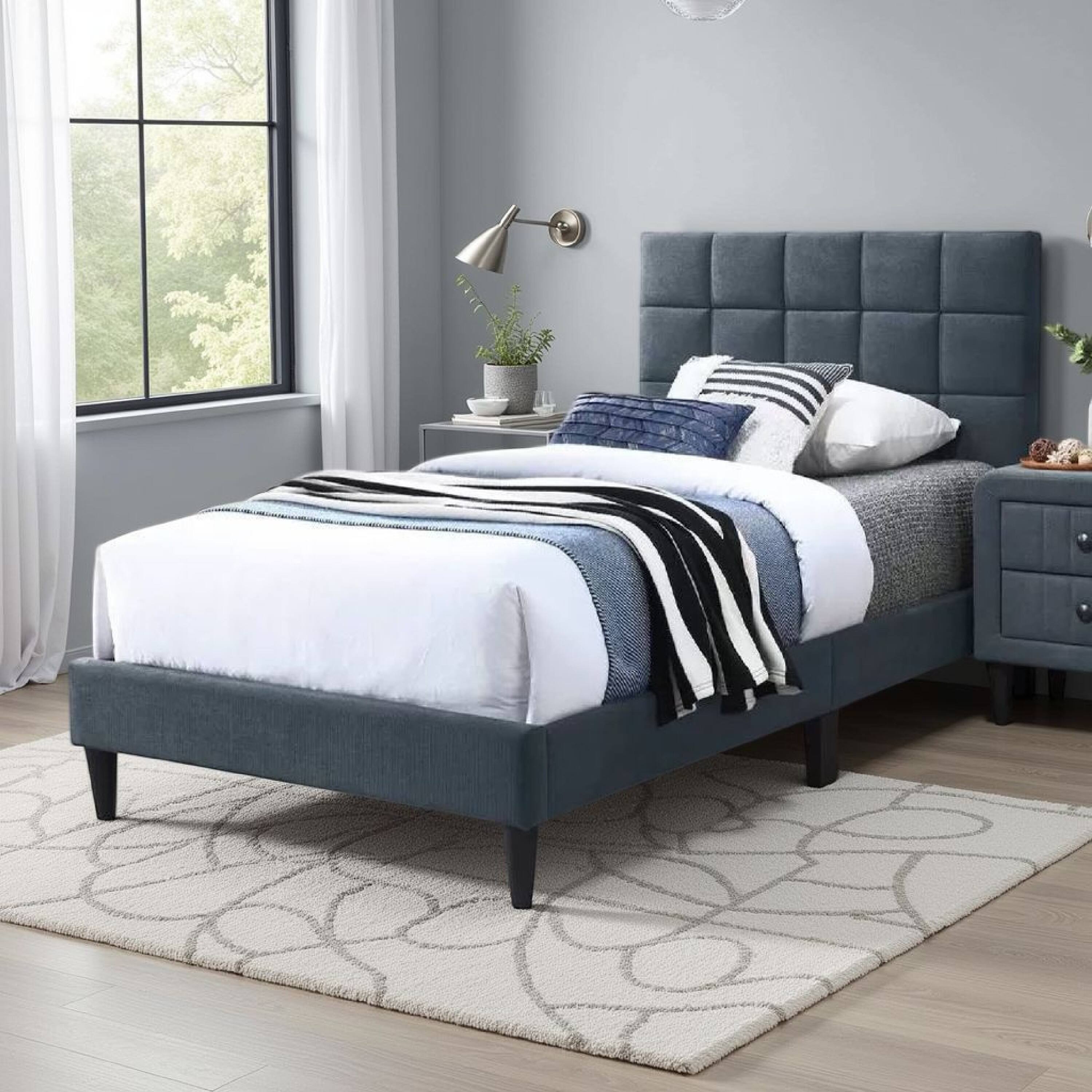 Alt View 5. Manhattan Lane - Lilian Twin Bed, Soft Biscuit Tufted Charcoal Gray Linen Upholstery - Charcoal Gray, Black.