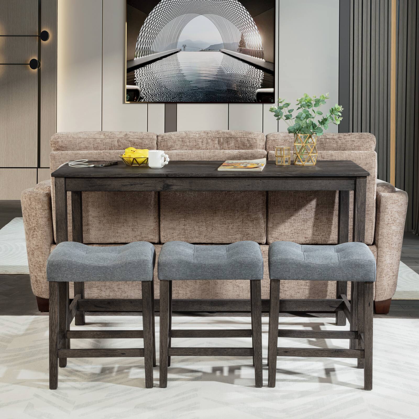 Left. APRILSOUL - 4Piece Bar Table Set with Power Outlet Chairs Sofa Bar Table with Stools Behind Couch Table with 3Padded Stools DarkGray - Dark Gray.