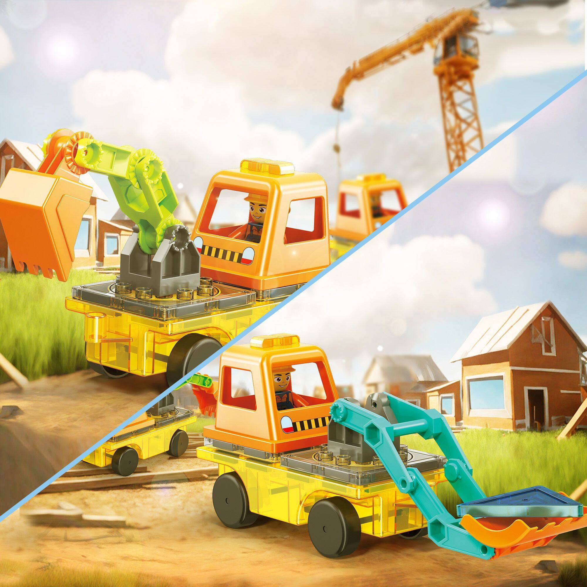 Alt View 3. PicassoTiles - PICASSO-TILES Magnetic Tiles for Kids, 2-in-1 Ecavator & Backhoe Construction Truck, STEM Building Blocks Toy - Multicolor.