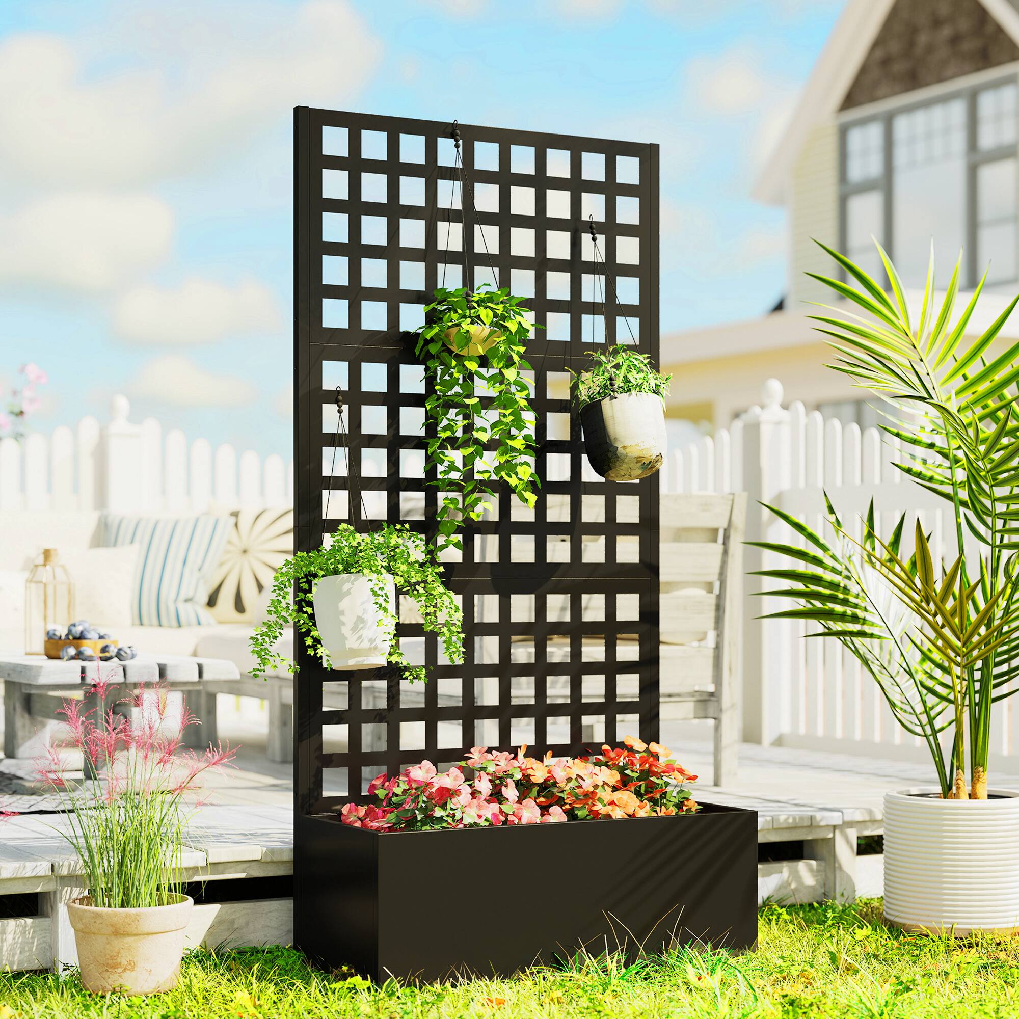 Alt View 1. Outsunny - Raised Garden Bed Planter Box with Trellis for Climbing Plants, Vegetable, Vines - Black.
