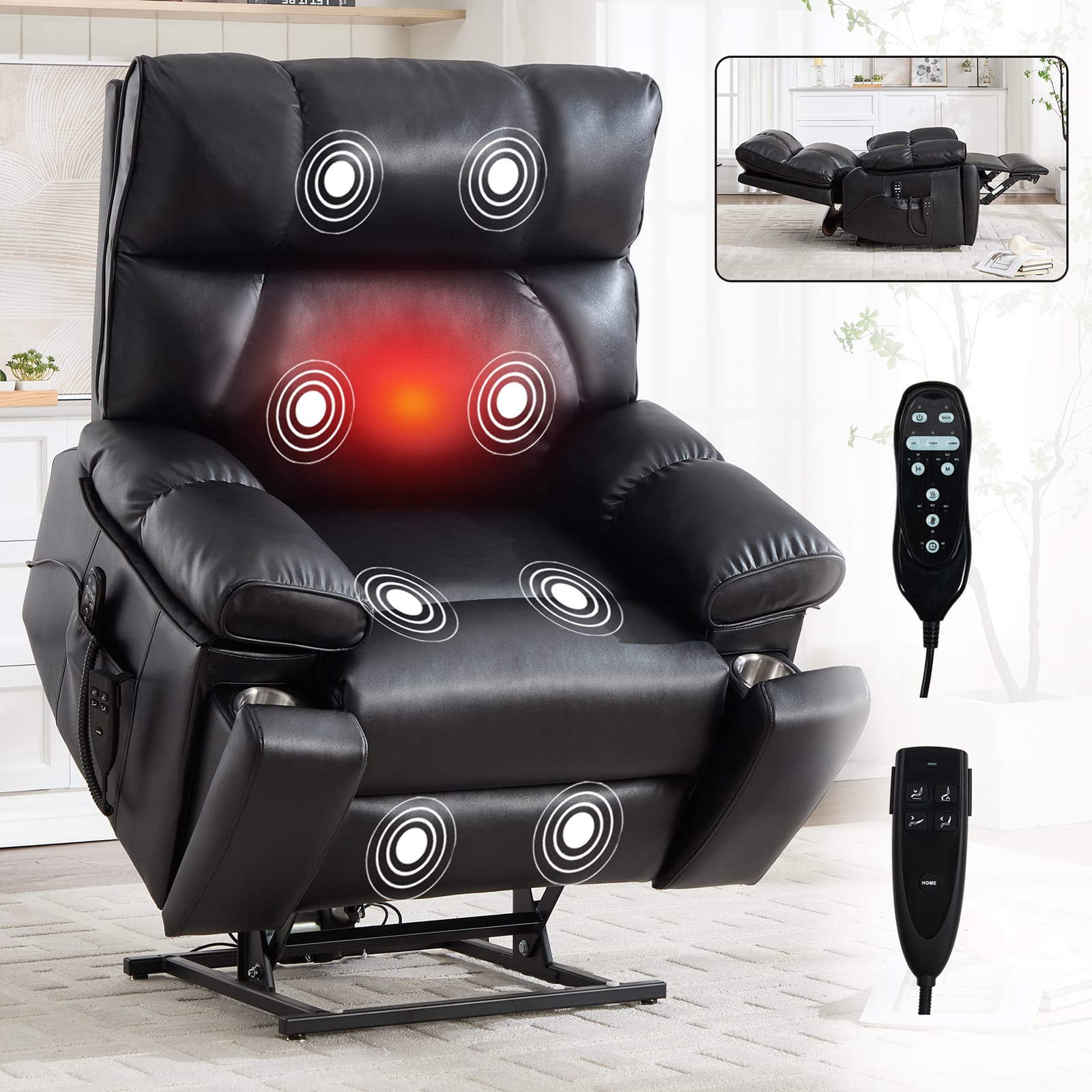 Chateau Abodes - Dual Motor Power Lift Recliner with Heat & Massage, Infinite Positions, 350LB Capacity, Hidden Cup Holders - Black
