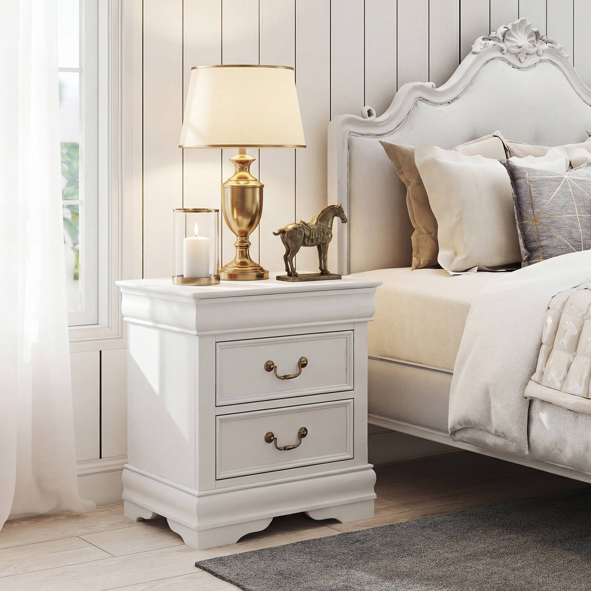 Angle. Anysun - Anysun Transitional Antique Elegant Style 2-Drawer Nightstand with Solid Wood Legs and Smooth Glides - White.