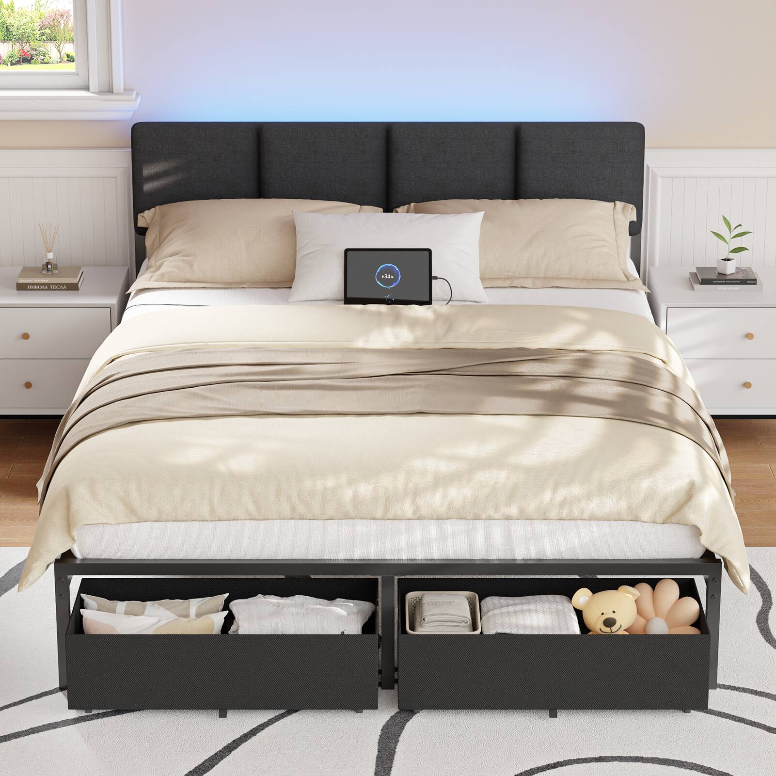 Back. Furnulem - Upholstered Bed Frame with 2 Storage Drawers Modern Platform Bed with Charging Station & LED Light - Black.