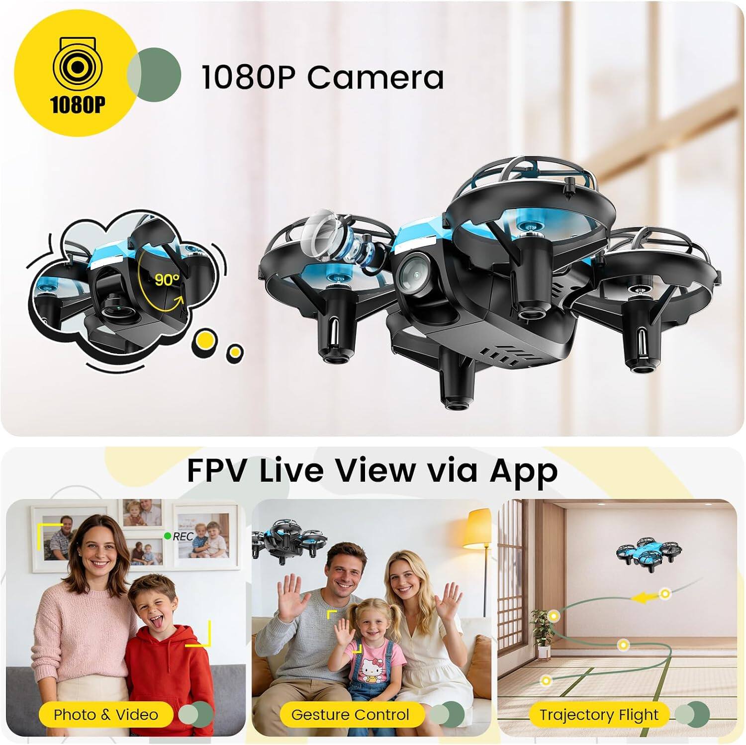 1080P Camera

FPV Live View via App

Photo & Video

Gesture Control

Trajectory Flight