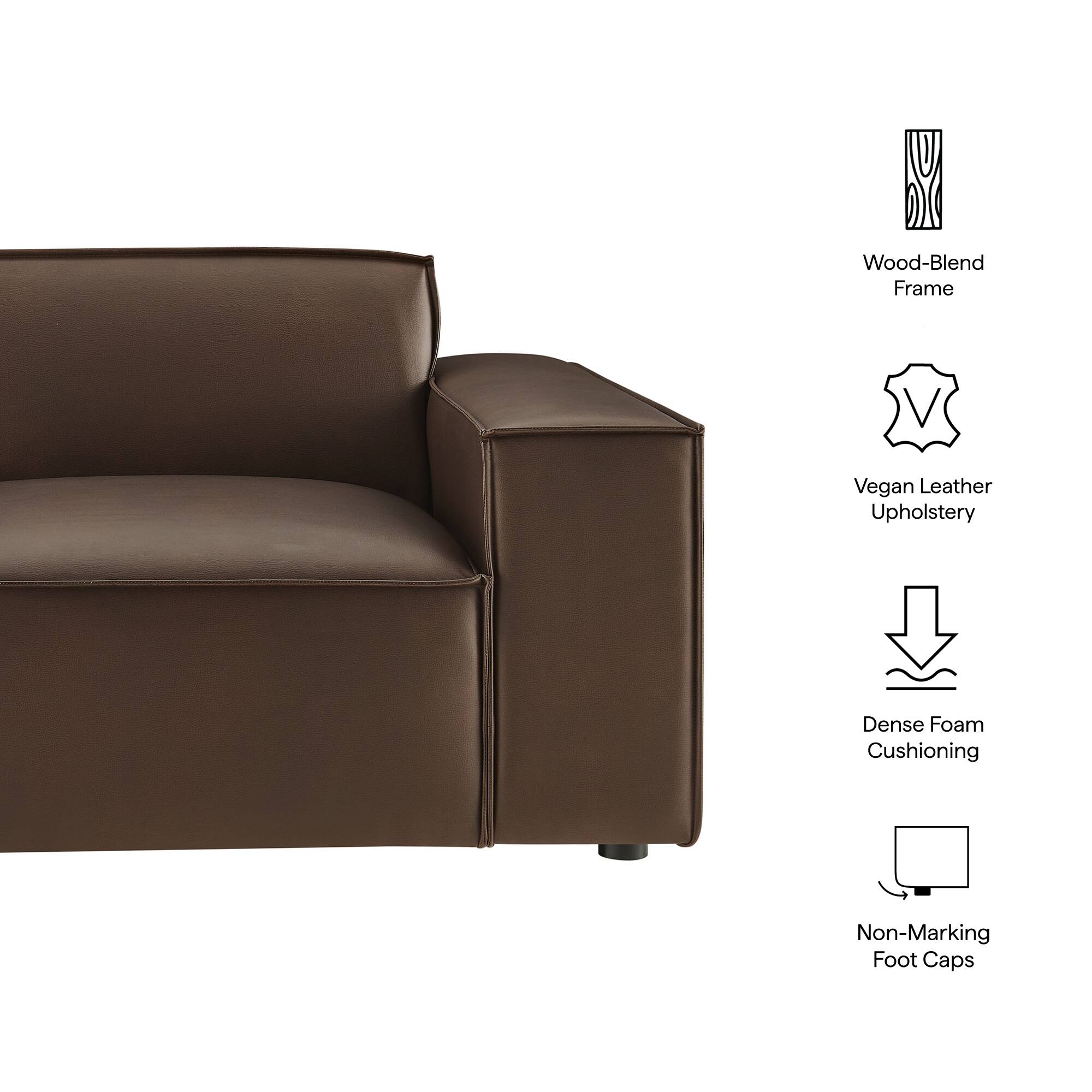 Wood-Blend Frame  
Vegan Leather Upholstery  
Dense Foam Cushioning  
Non-Marking Foot Caps