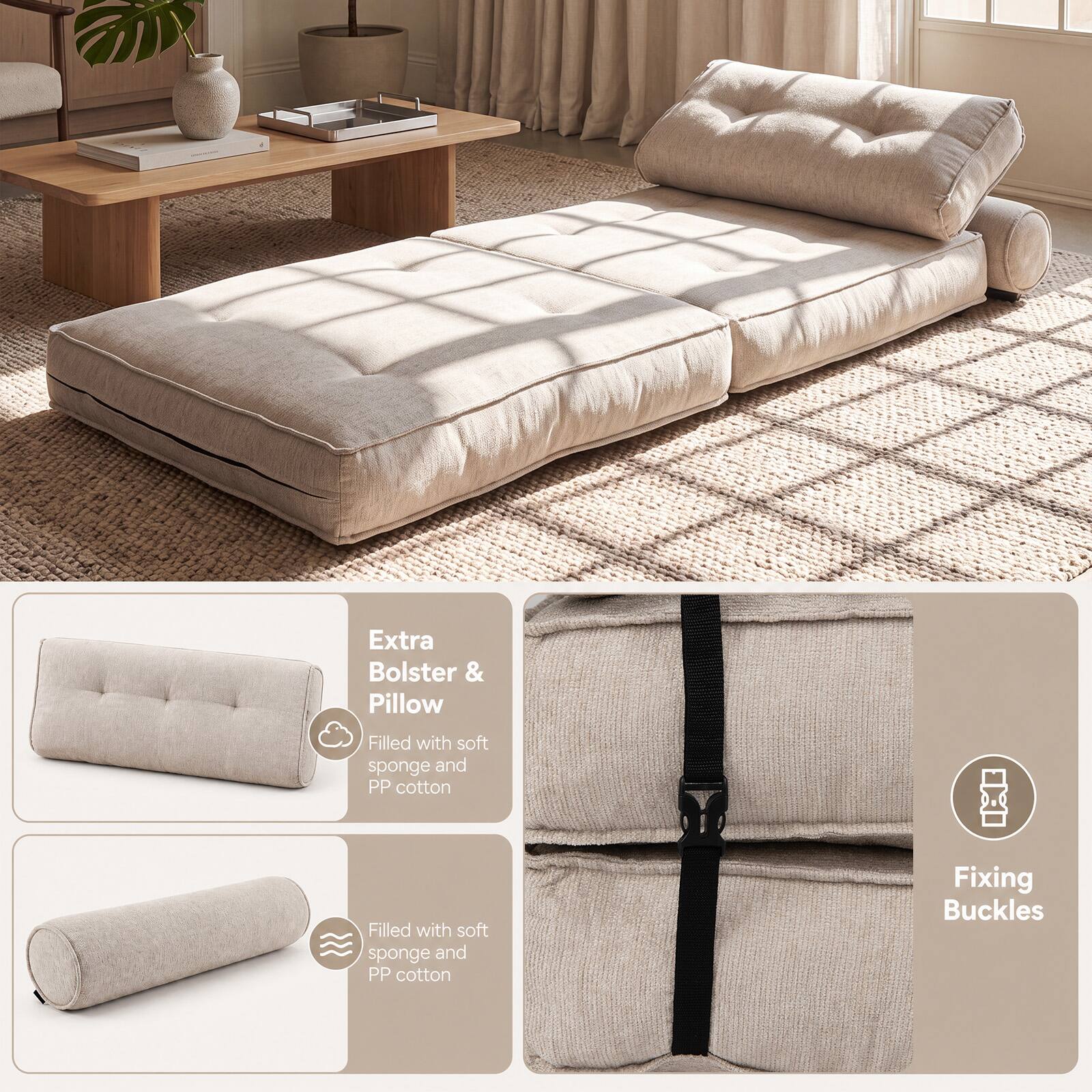 Extra Bolster & Pillow  
Filled with soft sponge and PP cotton  
Fixing Buckles
