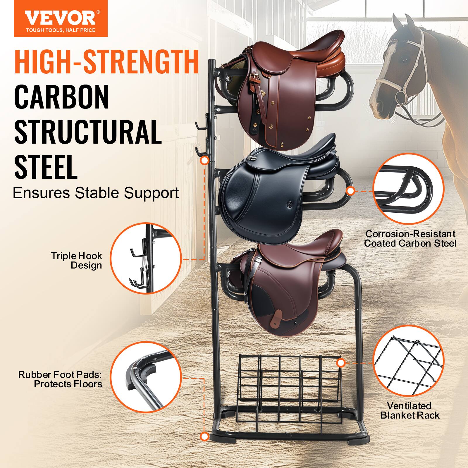 VEVOR TOUGH TOOLS, HALF PRICE

HIGH-STRENGTH CARBON STRUCTURAL STEEL  
Ensures Stable Support

- Triple Hook Design
- Corrosion-Resistant Coated Carbon Steel
- Rubber Foot Pads: Protects Floors
- Ventilated Blanket Rack