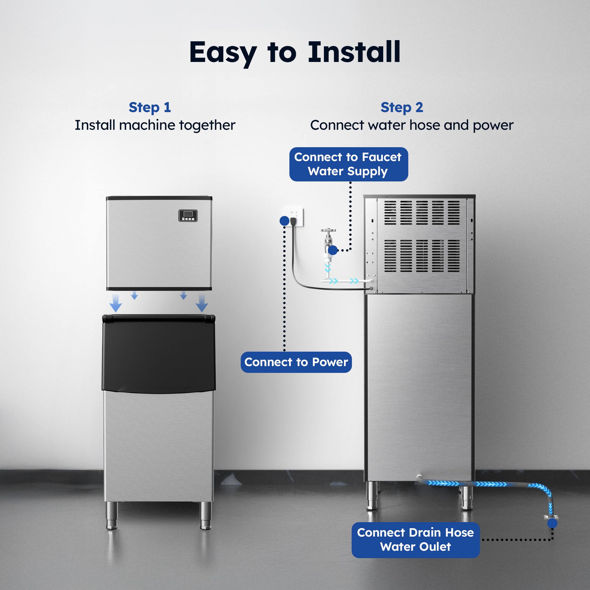 Easy to Install

Step 1
Install machine together

Step 2
Connect water hose and power
- Connect to Faucet Water Supply
- Connect to Power
- Connect Drain Hose Water Outlet