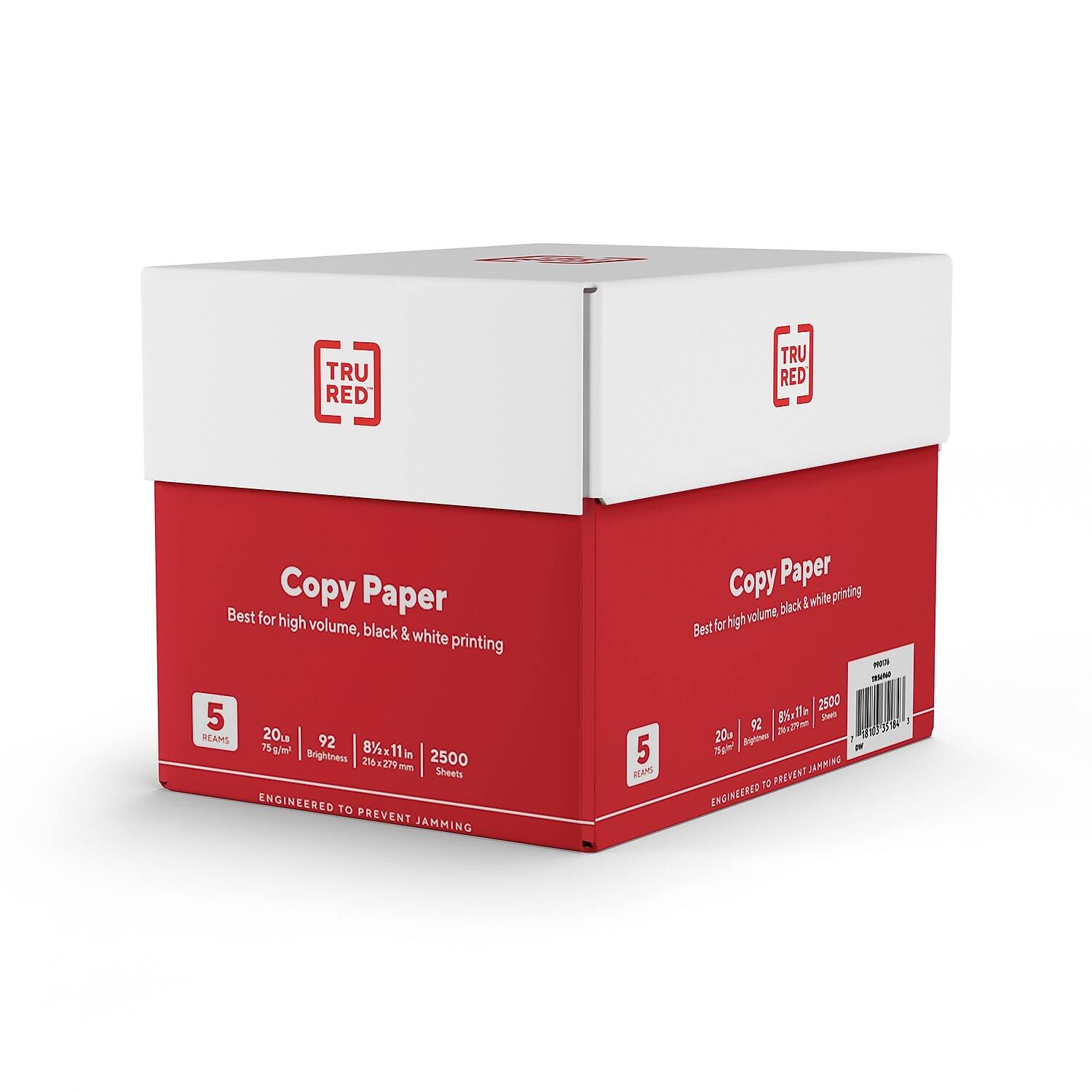 TRU RED Copy Paper  
Best for high volume, black & white printing  

5 REAMS  
20L  
75 g/m²  
92 Brightness  
8½ x 11 in  
2500 Sheets  

ENGINEERED TO PREVENT JAMMING